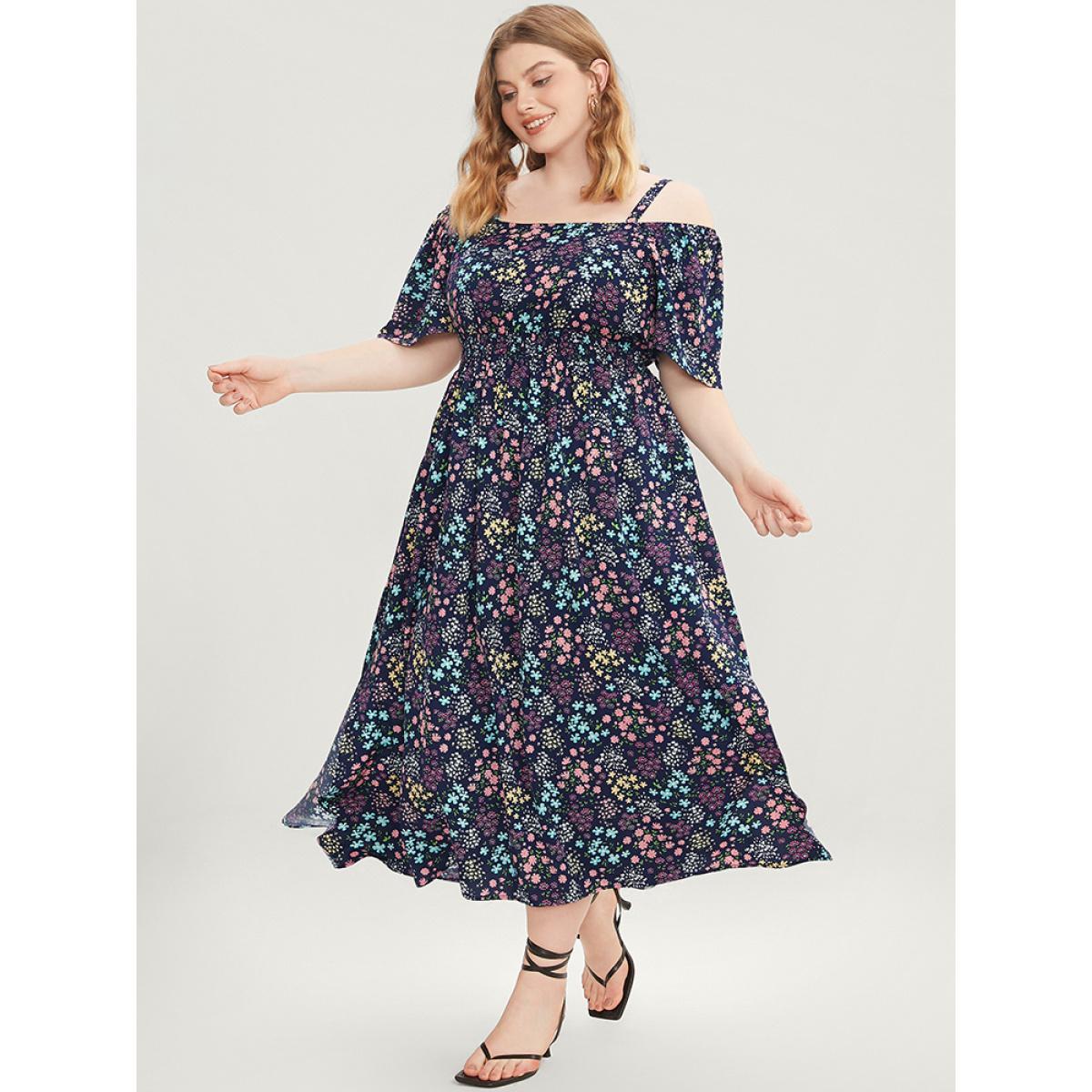 Plus Size Ditsy Floral Ruffles Pocket Shirred Split Hem Cami Dress Navy Women Vacation Adjustable Straps Spaghetti Strap Short sleeve Curvy Midi Dress BloomChic 18-20/2X Product Image
