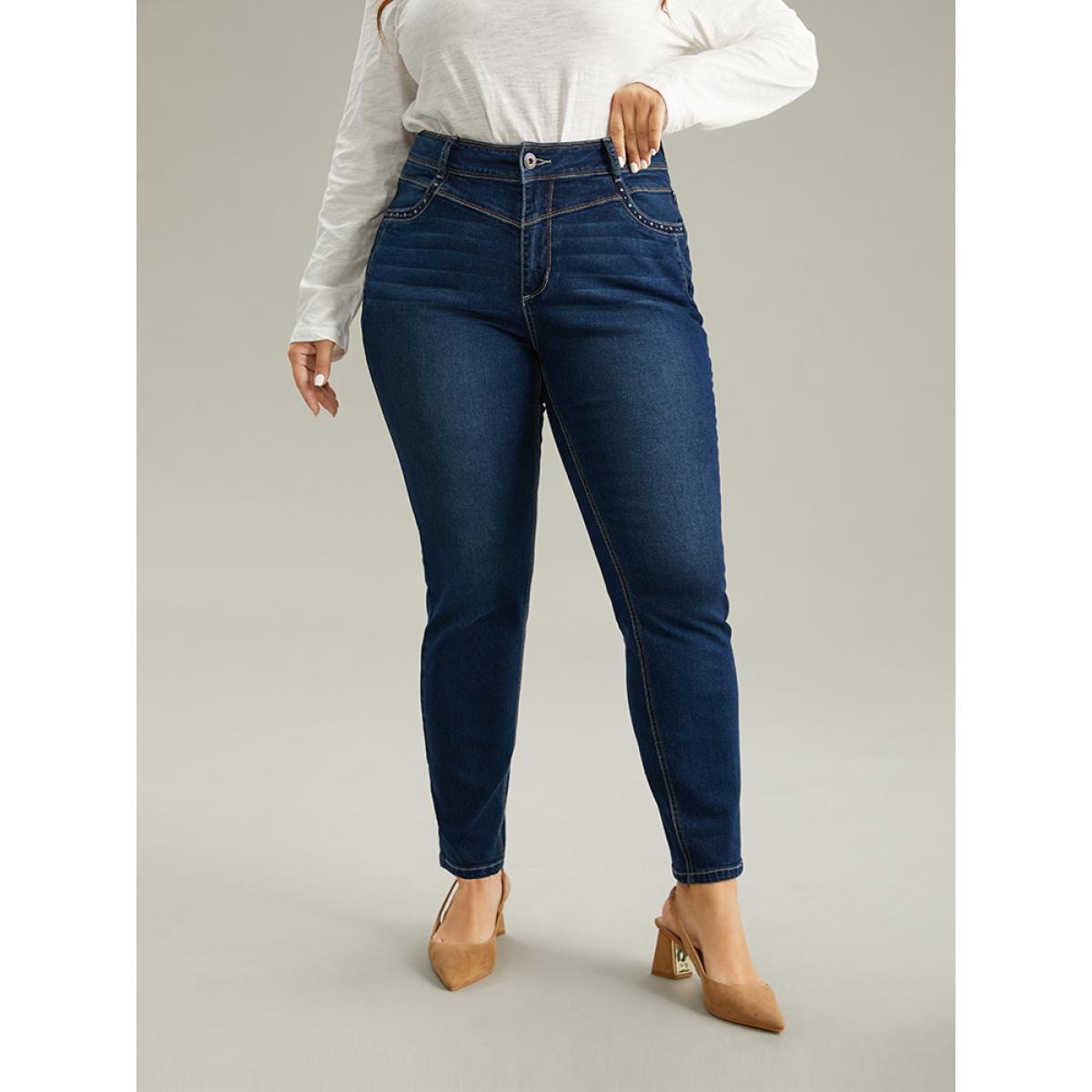 Plus Size Beaded Detail Pocket Full Length Jeans Women Indigo Casual Plain Beaded High stretch Pocket Jeans BloomChic 24/3X Product Image
