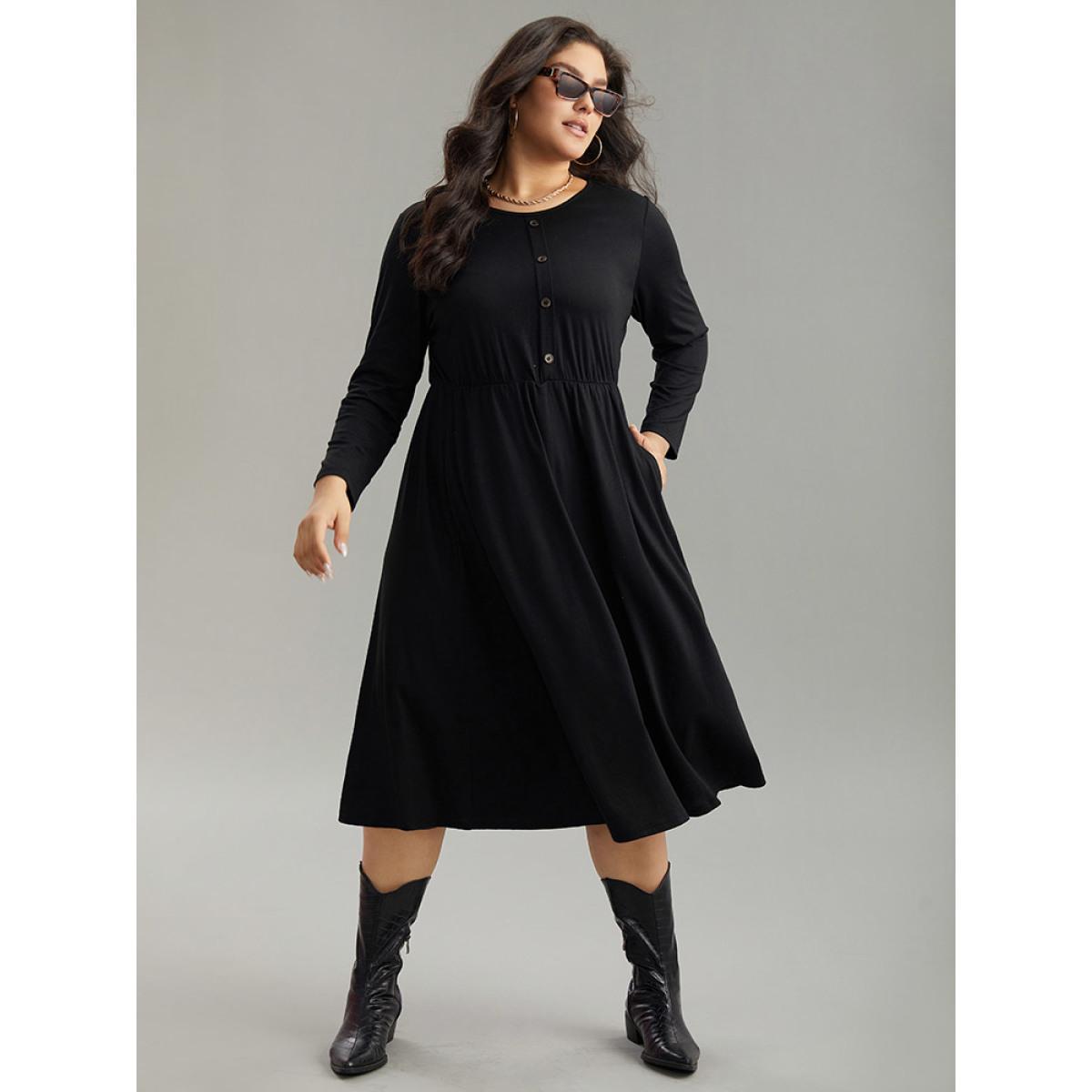 Plus Size Supersoft Essentials Solid Button Detail Dress Black Women Casual Plain Round Neck Long Sleeve Curvy Midi Dress BloomChic 12/L Product Image