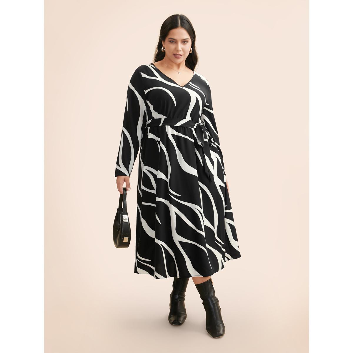 Plus Size V Neck Geometric Belted Dress Black Women At the Office Belted V-neck Long Sleeve Curvy BloomChic 28/5X Product Image