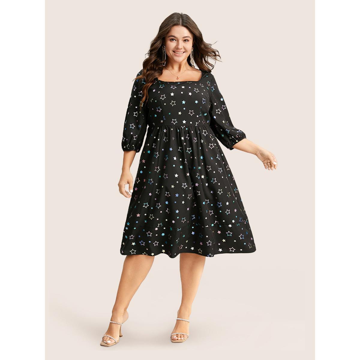 Plus Size Heart Glitter Square Neck Lantern Sleeve Dress Black Women Cocktail Elastic cuffs Square Neck Half Sleeve Curvy Midi Dress BloomChic 26/4X Product Image