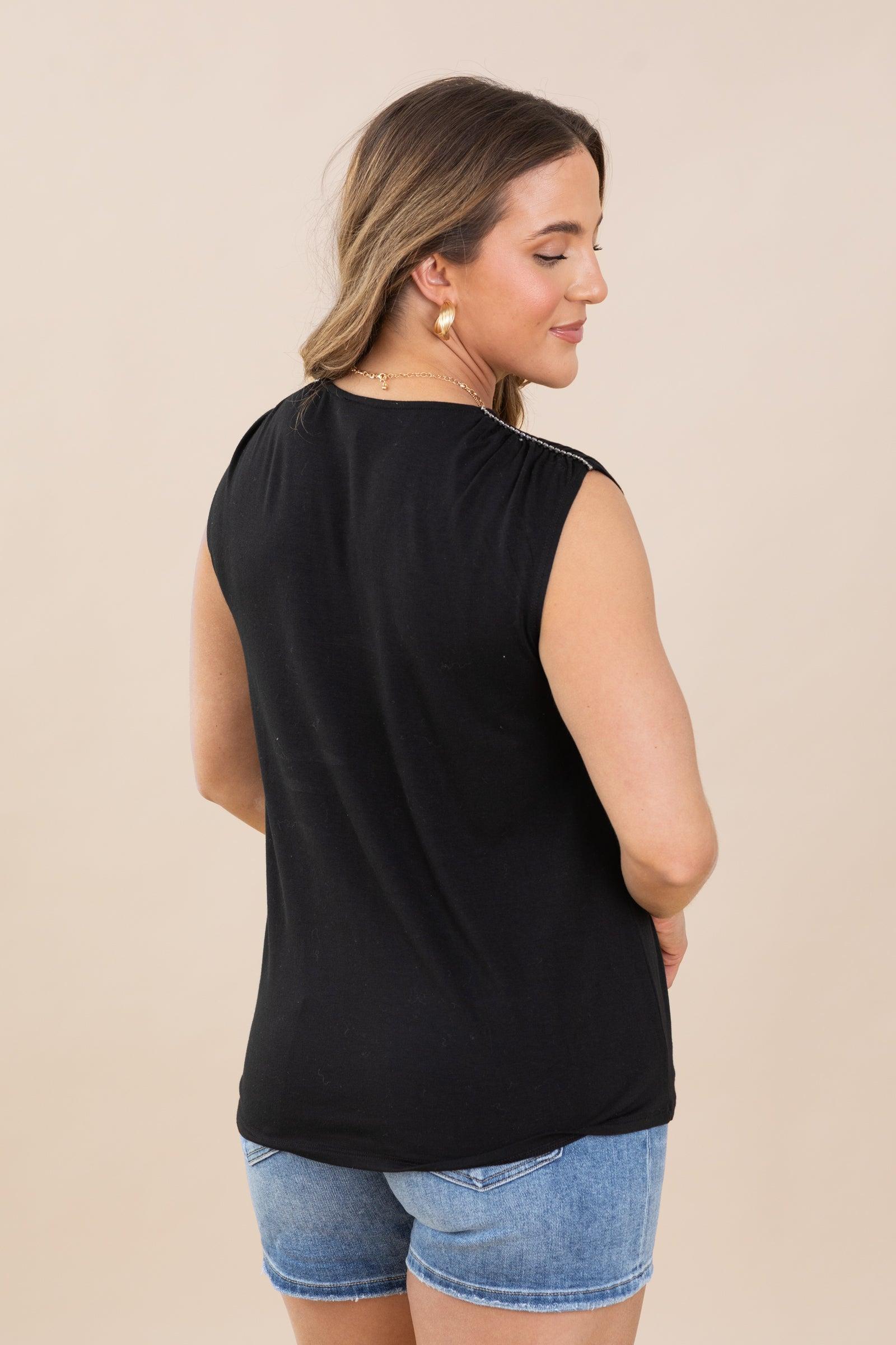 Black Rhinestone Detail Knit Tank Top Product Image