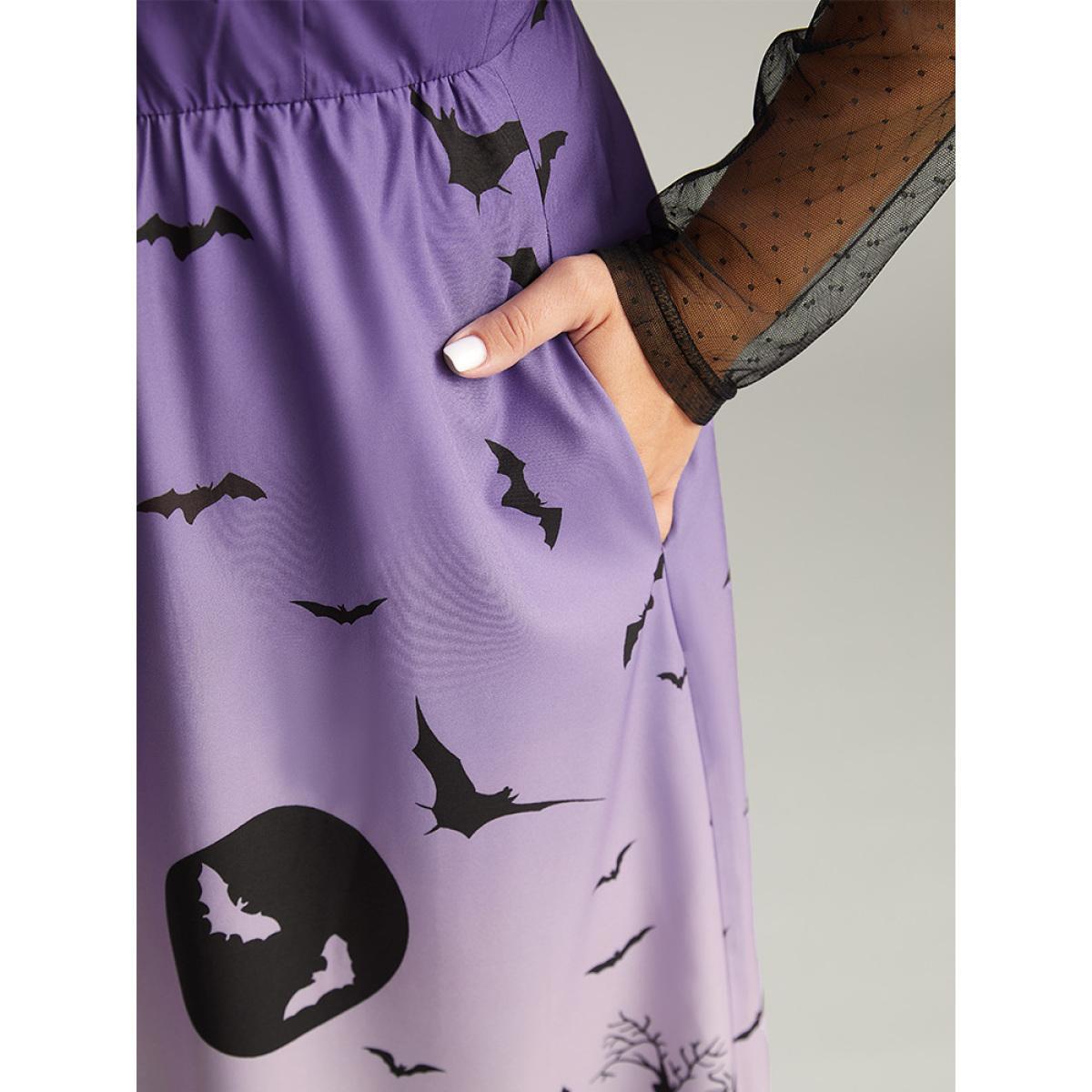 Plus Size Halloween Graphic Pocket Mesh Patchwork Dress Purple Women Elegant See through Round Neck Long Sleeve Curvy Midi Dress BloomChic 22-24/3X Product Image