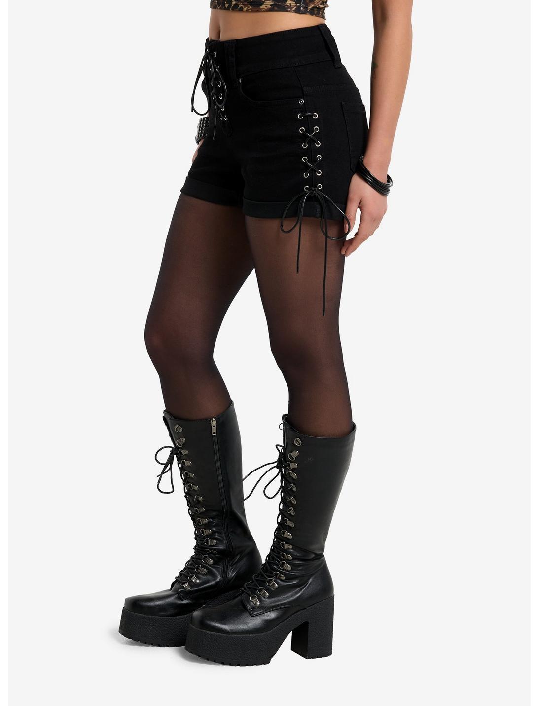 Black Lace-Up Denim Shorts Product Image