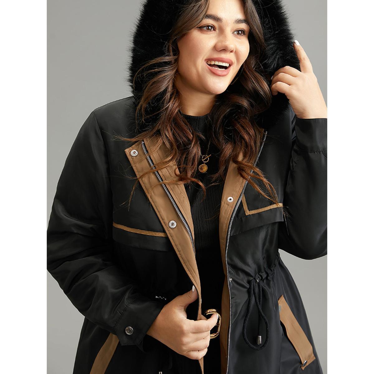 Plus Size Contrast Drawstring Patchwork Zipper Fuzzy Trim Coat Women Black Casual Lined Ladies Dailywear Winter Coats BloomChic 18-20/2X Product Image