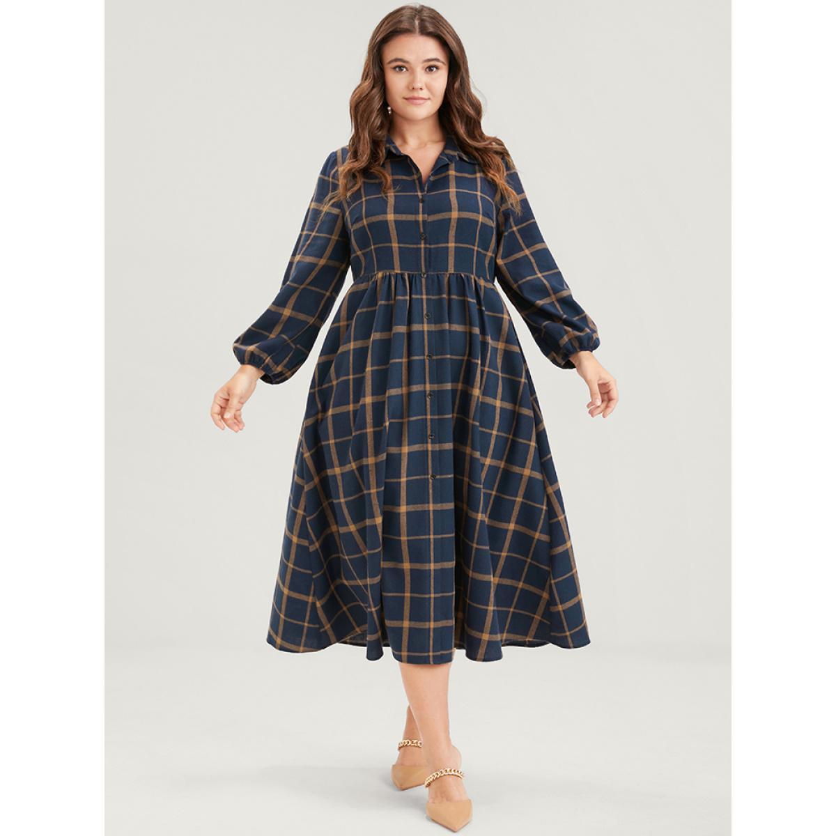Plus Size Plaid Button Up Pocket Shirt Collar Flutter Hem Dress Without Belt DarkBlue Women Office Slit Shirt collar Long Sleeve Curvy Midi Dress BloomChic 28/5X Product Image