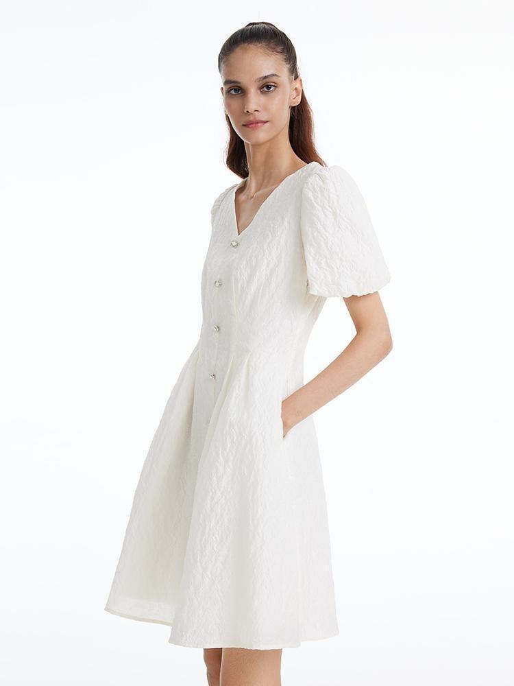 Fitted Waist And V-Neck Jacquard Midi Dress Product Image