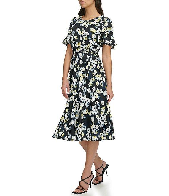 DKNY by Donna Karan Floral Crepe Satin Crew Neck Short Flutter Sleeve Tie Waist Midi Dress Product Image