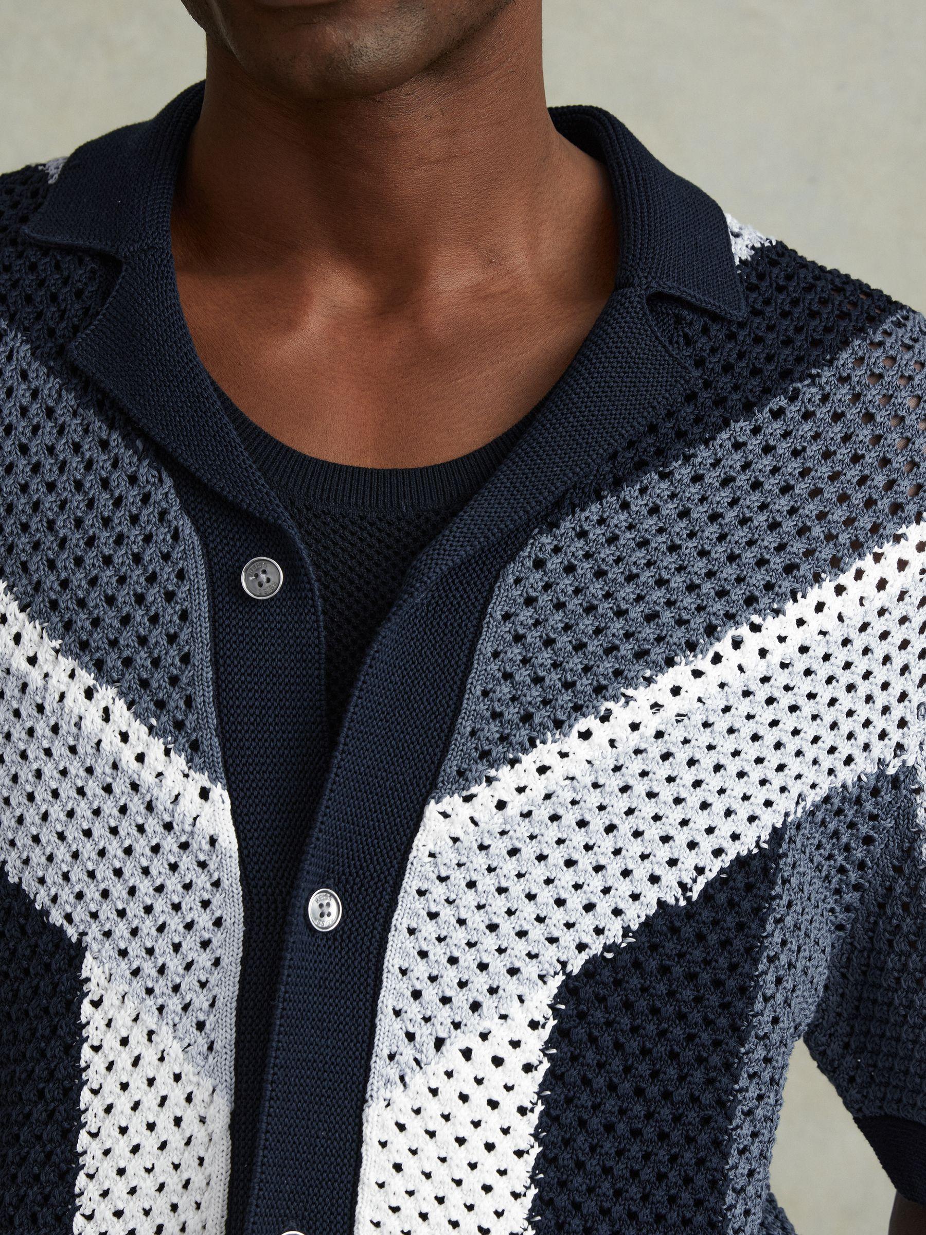 Cotton Blend Crochet Cuban Collar Shirt in Navy Multi Product Image