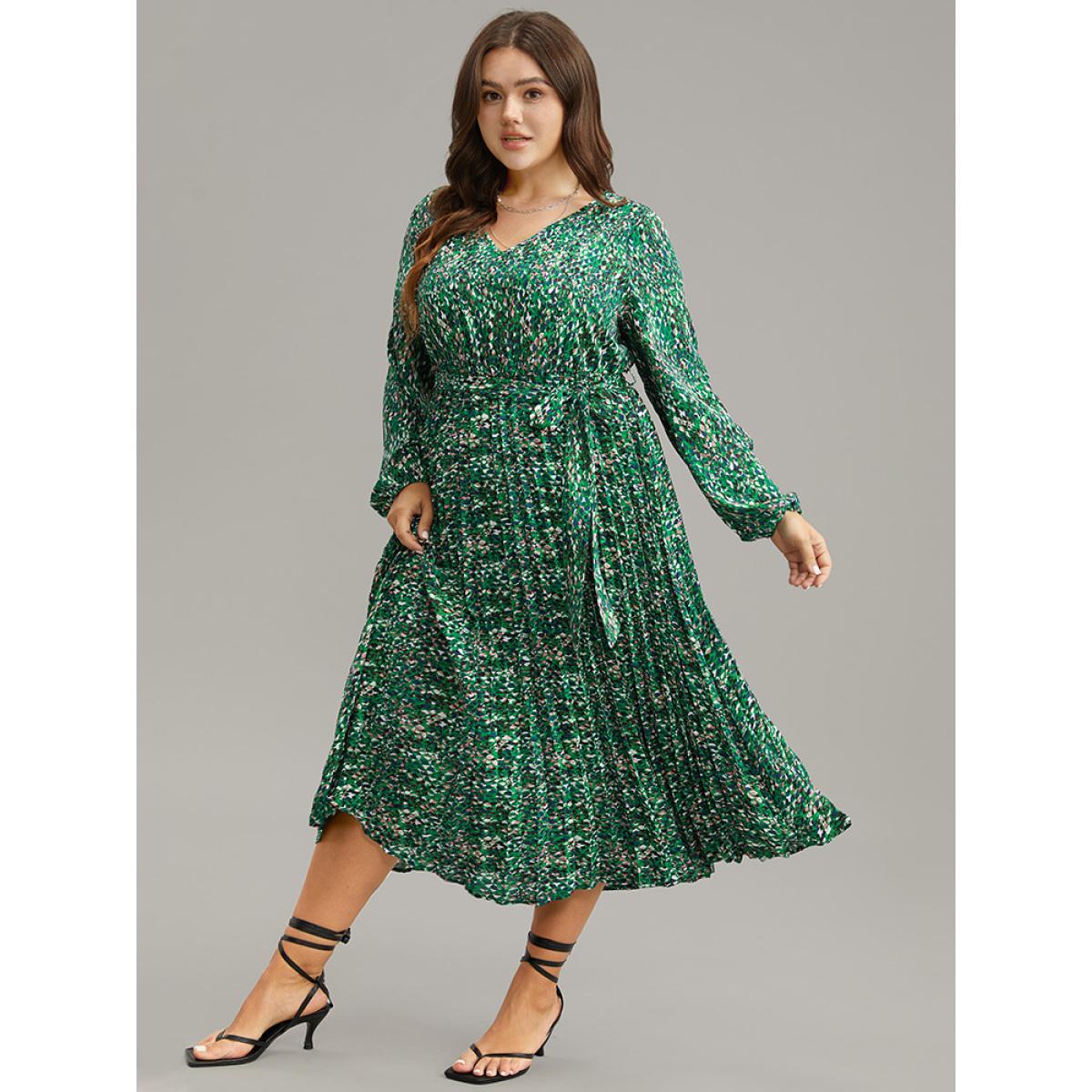 Plus Size Ditsy Floral Belted Pleated Dress Cyan Women Glamour Belted V-neck Long Sleeve Curvy Midi Dress BloomChic 28/5X Product Image