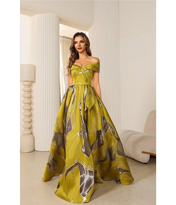 Terani Couture Off-The-Shoulder Printed Burn Out Chiffon Ballgown Product Image