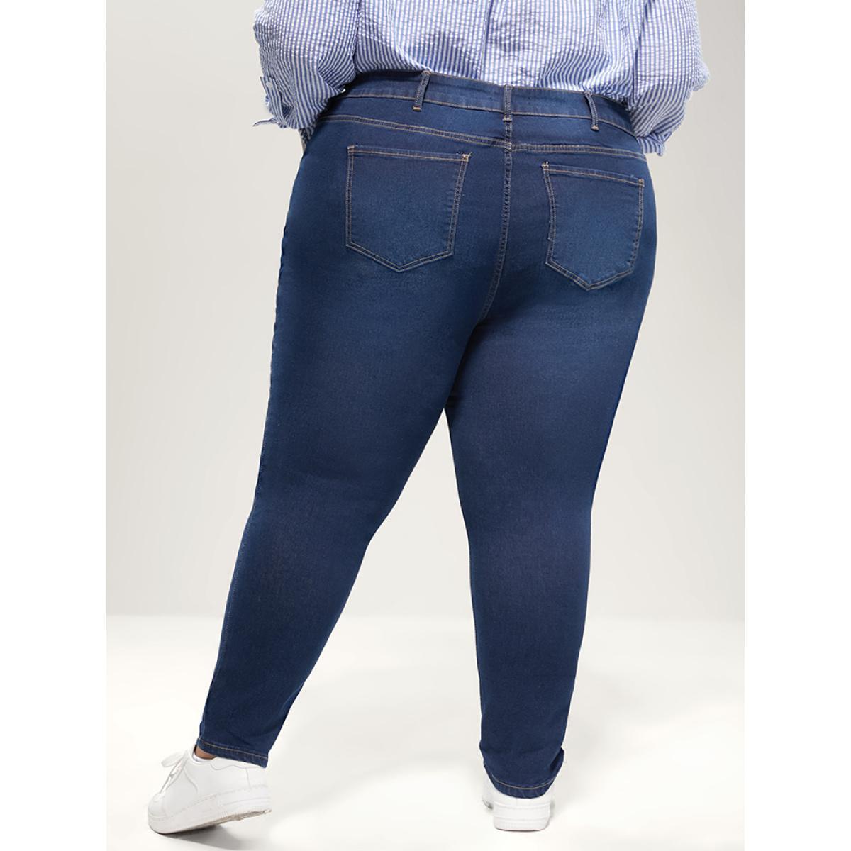 Plus Size Skinny Extremely Stretchy High Rise Dark Wash Distressed Jeans Women Blue Casual Plain Distressed High stretch Pocket Jeans BloomChic 20/2X Product Image