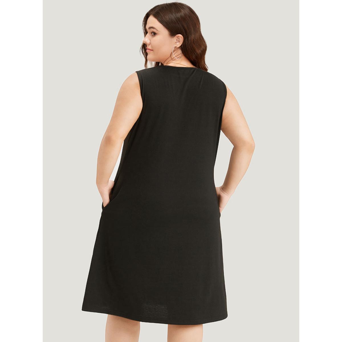 Plus Size Embroidered Pocket Patchwork Tank Midi Dress Aegean Women Casual Plain Round Neck Sleeveless Curvy Knee Dress BloomChic 28/5X Product Image
