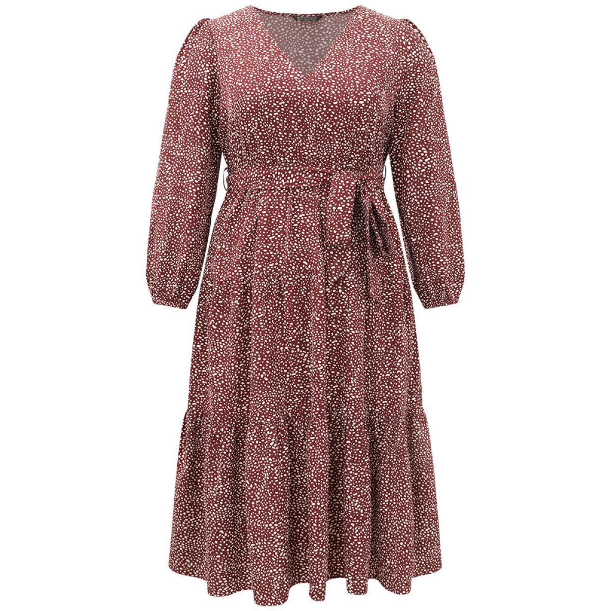 Plus Size Polka Dot Lantern Sleeve Belted Dress Burgundy Women Elegant Elastic cuffs V-neck Long Sleeve Curvy Midi Dress BloomChic 28/5X Product Image