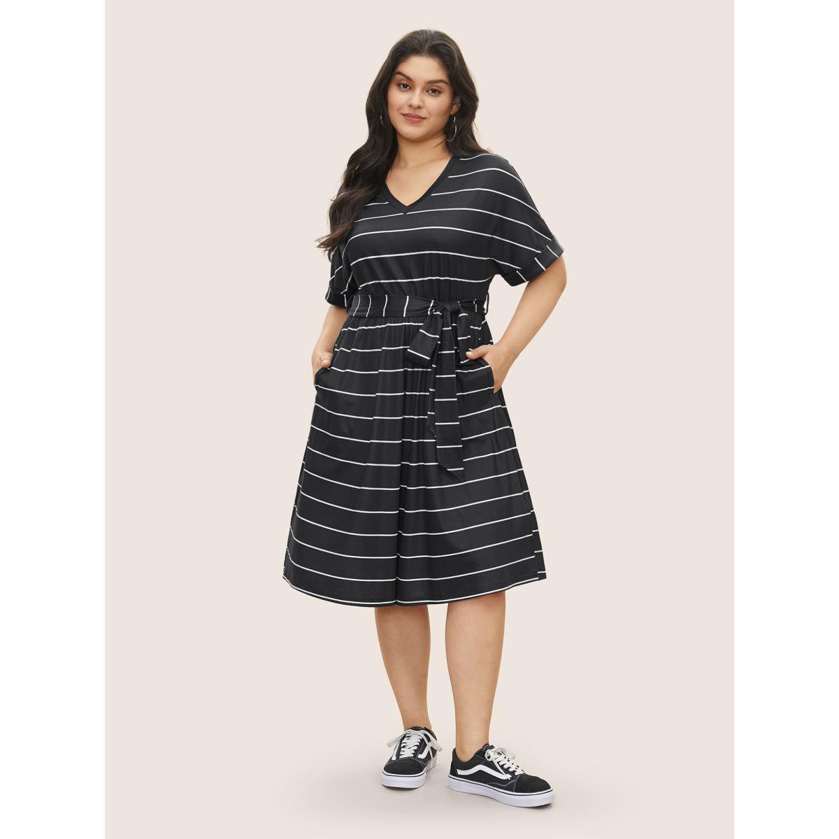Plus Size Striped Batwing Cuffed Sleeve Belted Dress Black Women Casual Belted V-neck Half Sleeve Curvy Midi Dress BloomChic 26/4X Product Image