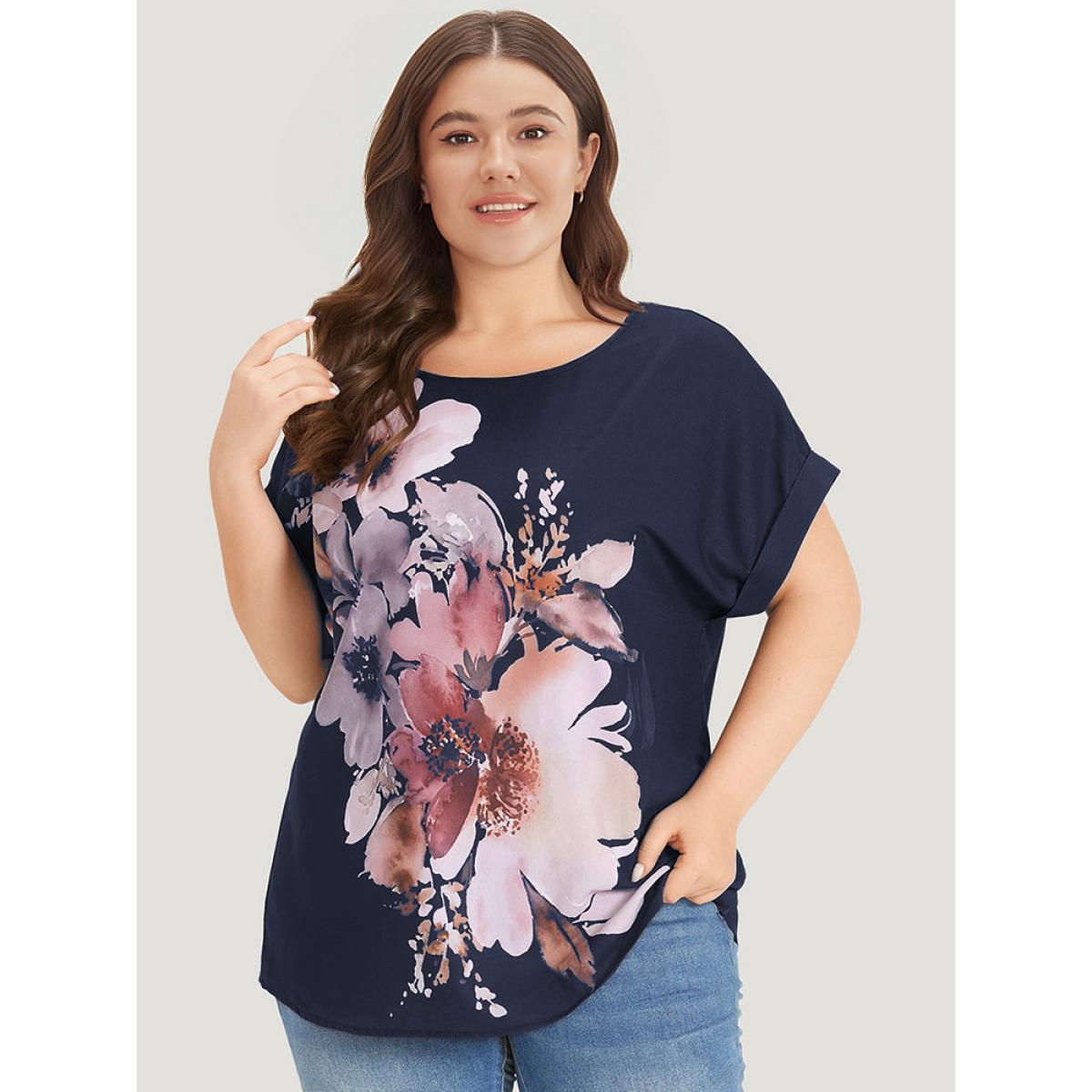 Plus Size Black Floral Print Crew Neck Roll Dolman Sleeve Blouse Women Elegant Short sleeve Round Neck Dailywear Blouses BloomChic 22-24/3X Product Image