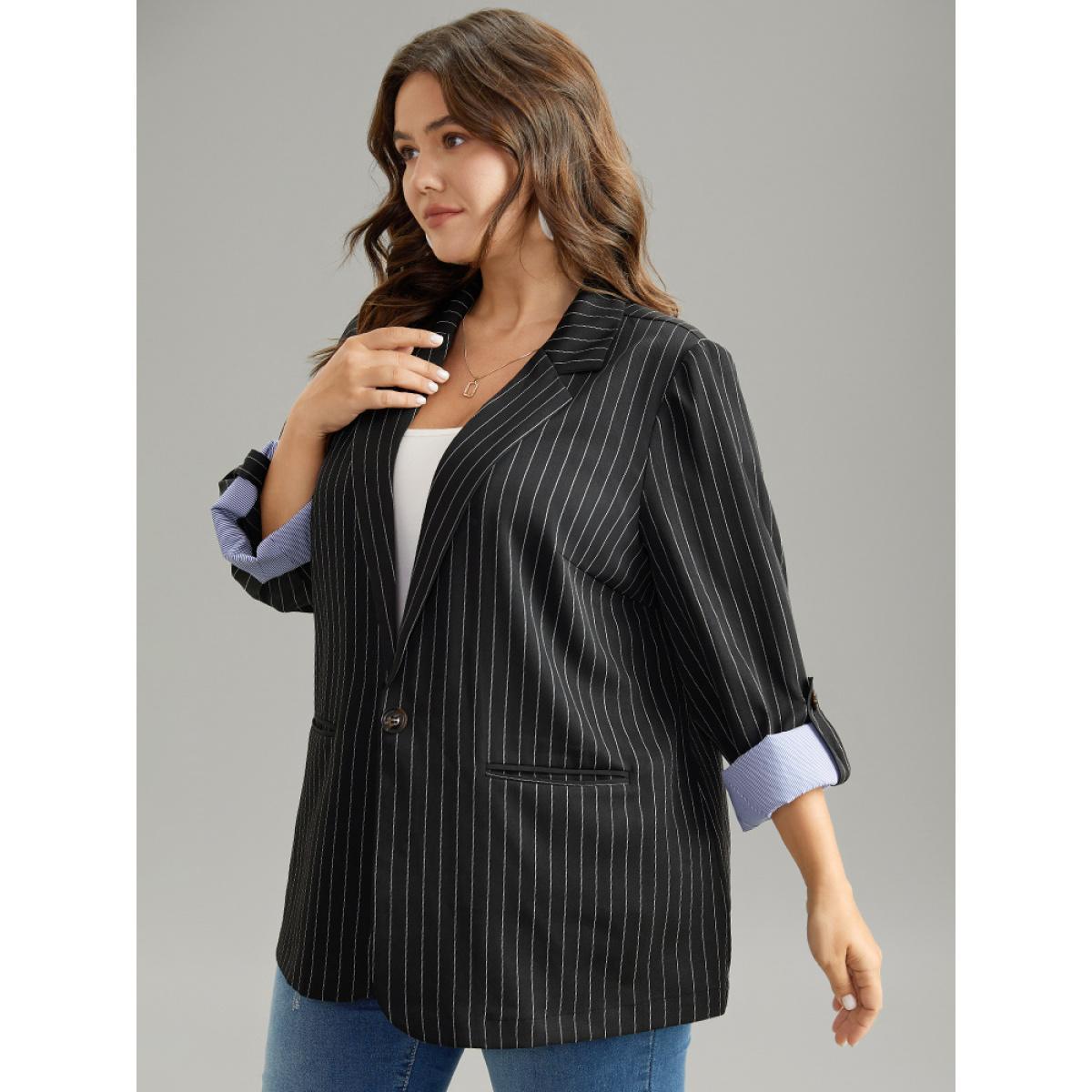 Plus Size Suit Collar Striped Contrast Blazer Black Women Dailywear Striped Contrast Sleeve Long Sleeve Suit Collar 14-16/1X Pocket Casual Blazers BloomChic Product Image