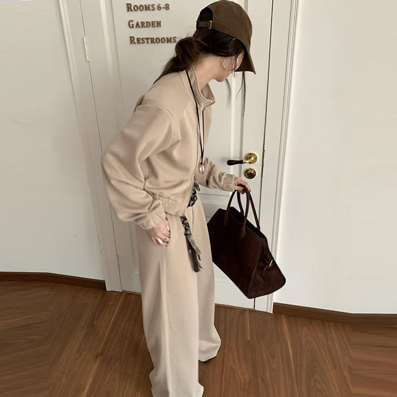 Set: Stand Collar Crop Zip Jacket + Elastic Waist Wide Leg Sweatpants + Belt Product Image