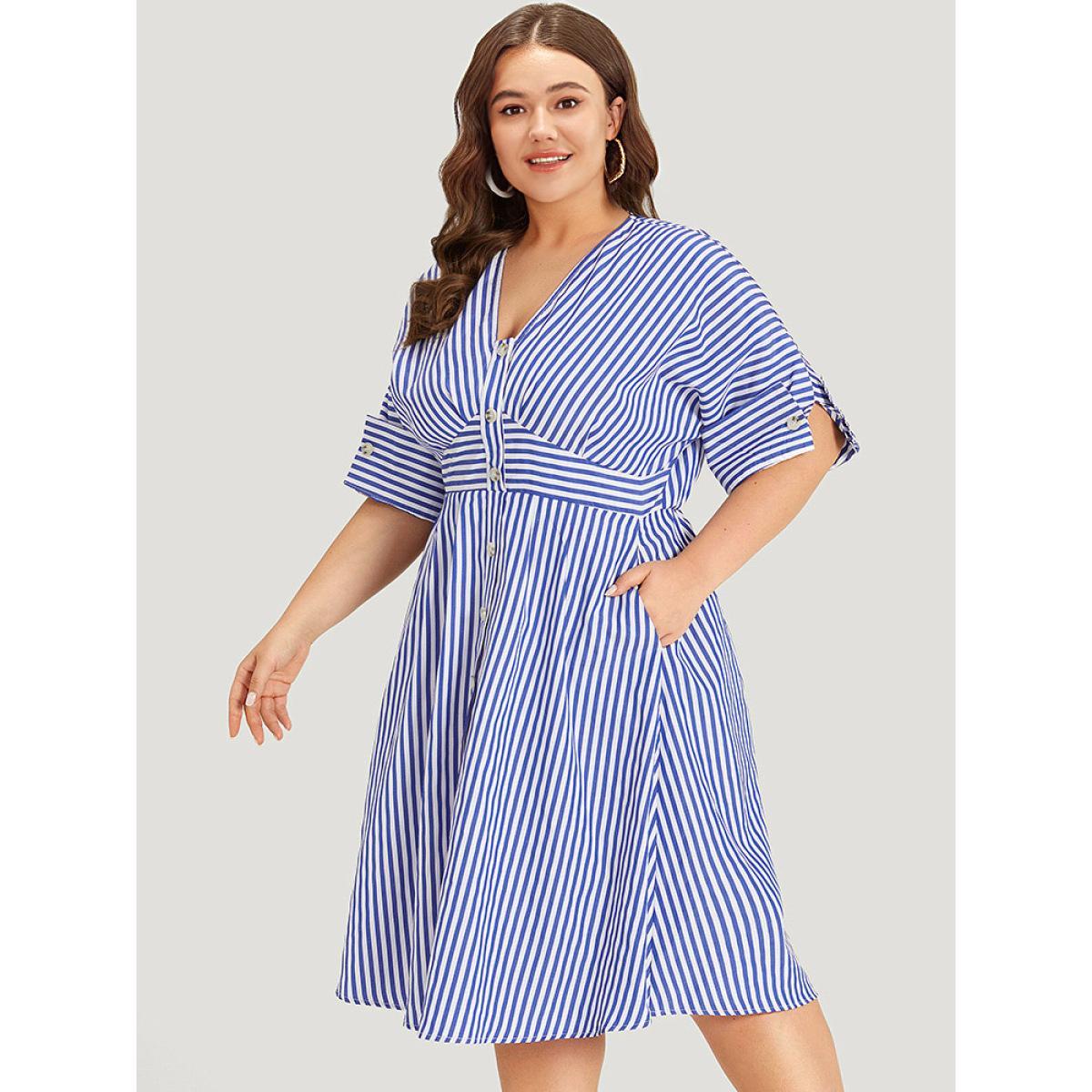 Plus Size V Neck Striped Pocket Ruffle Hem Button Detail Dress Blue Women Elegant Texture V-neck Half Sleeve Curvy Midi Dress BloomChic 14-16/1X Product Image