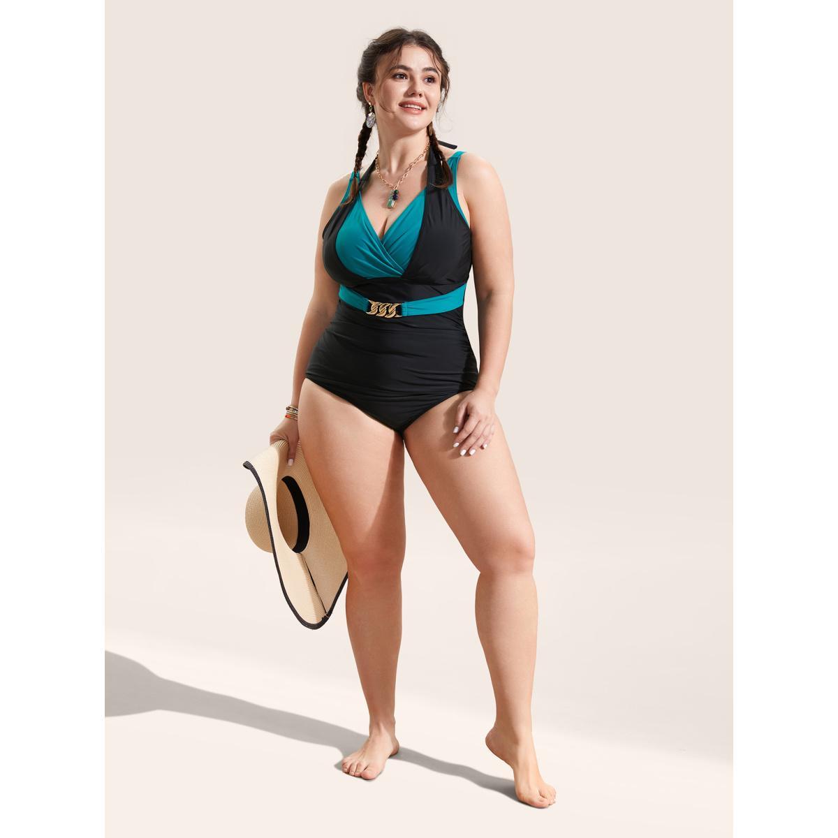 Plus Size Two Tone Metal Chain Detail One Piece Swimsuit Women's Swimwear Teal Beach Gathered Curve Bathing Suits High stretch One Pieces BloomChic 18-20/2X Product Image