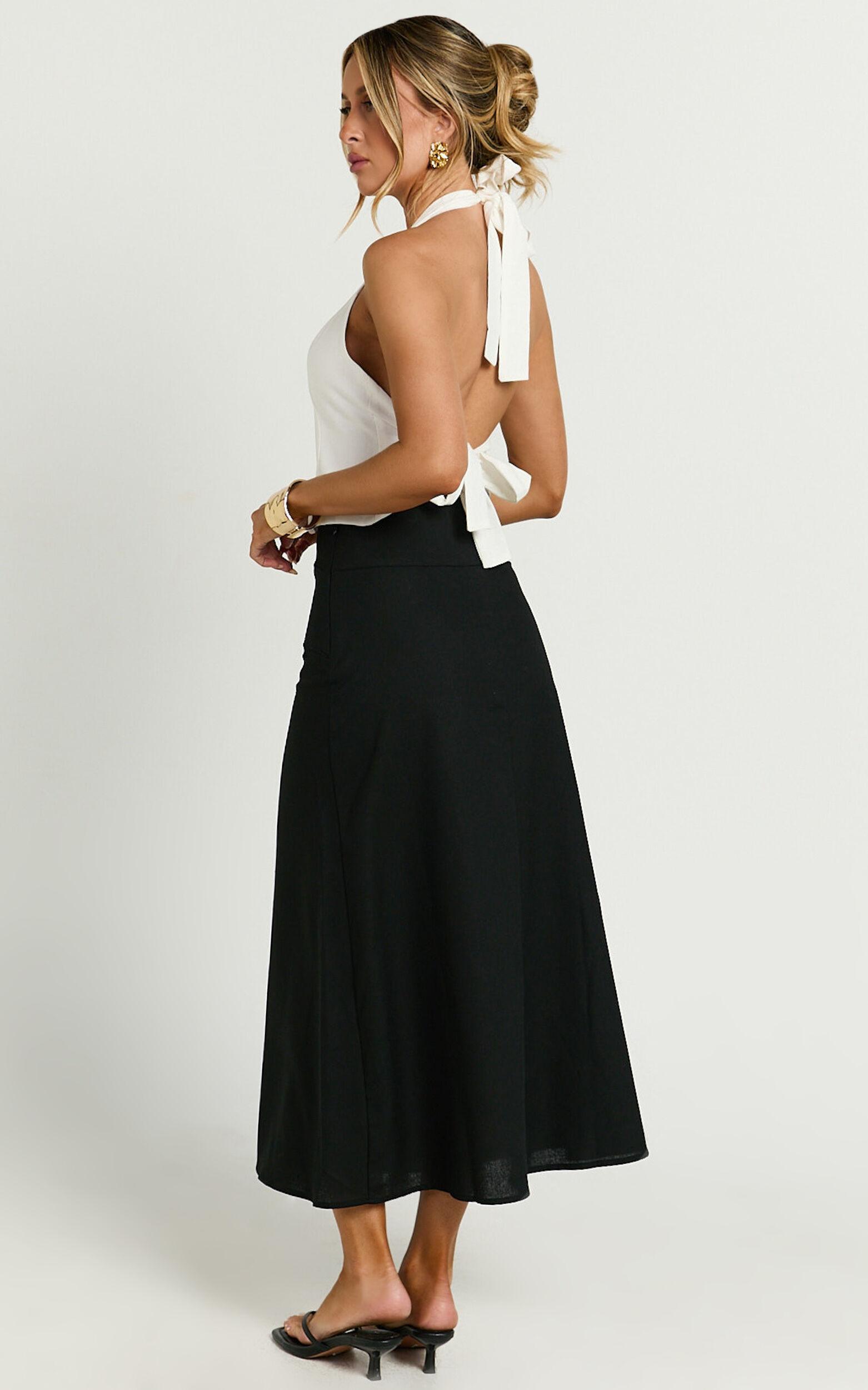 Sundry Midi Skirt - Linen High Waisted Cross Front Detail Skirt in Black Product Image