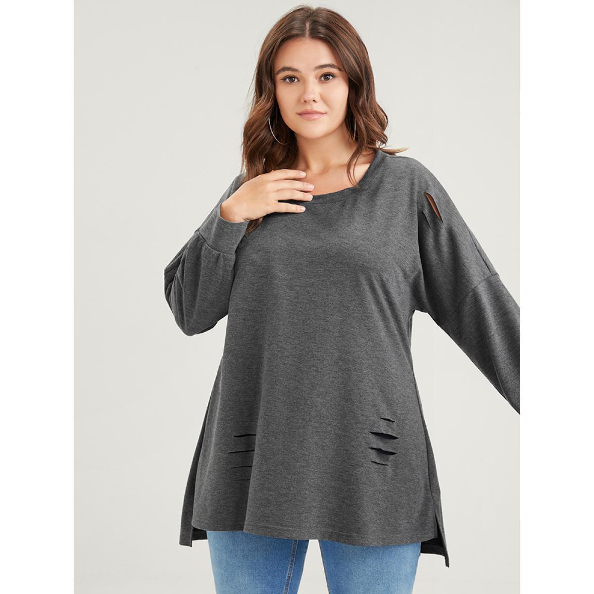 Plus Size Solid Asymmetrical Hem Distressed Drop Shoulder Sweatshirt Women DimGray Casual Plain Round Neck Dailywear Sweatshirts BloomChic 28/5X Product Image