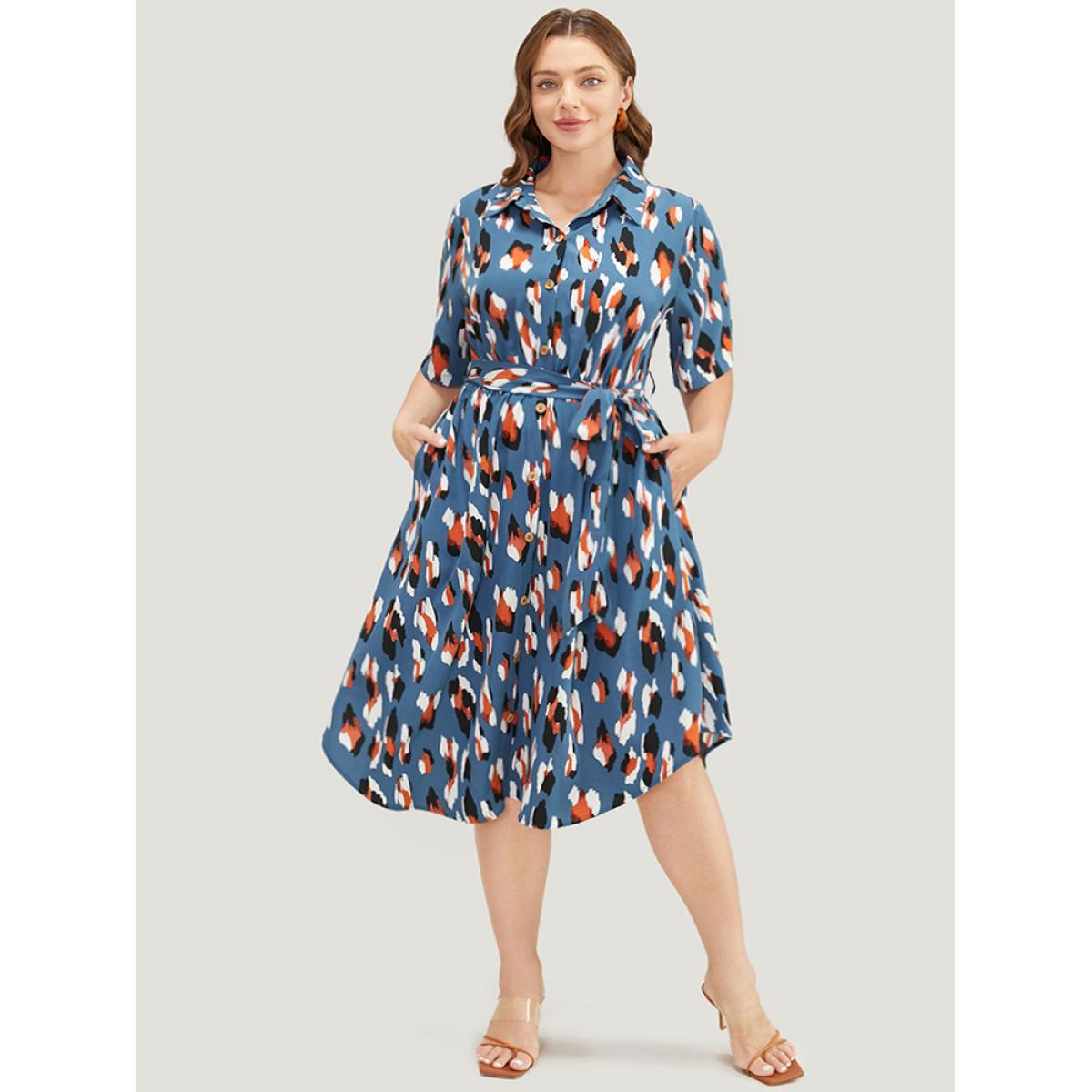 Plus Size Allover Print Button Detail Pocket Belted Arc Hem Dress Stone Women Office Cross straps Shirt collar Short sleeve Curvy Midi Dress BloomChic 18-20/2X Product Image