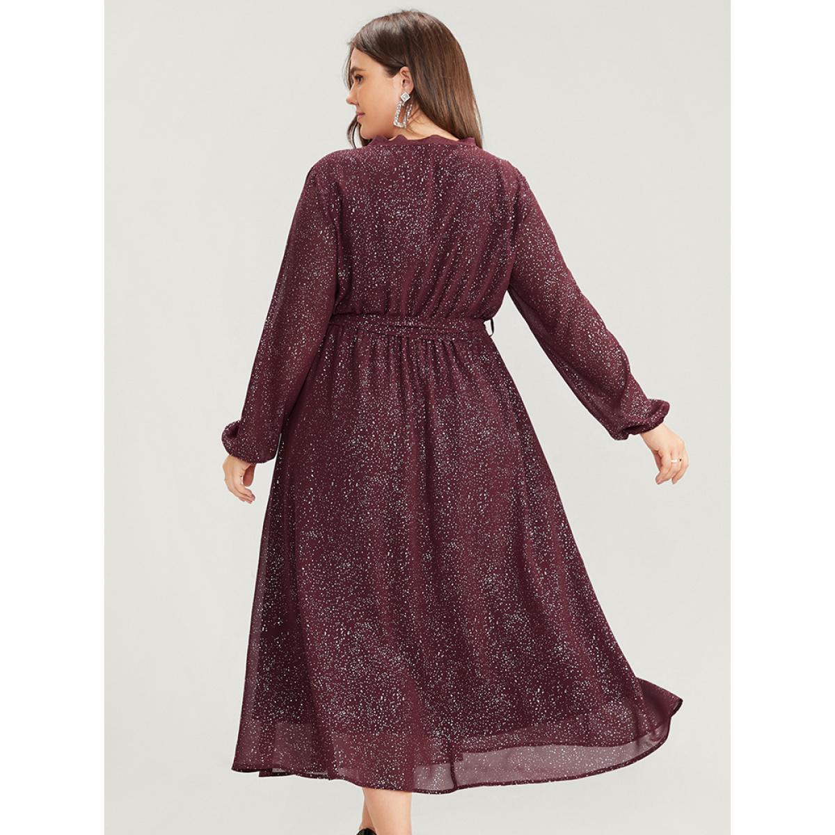 Plus Size Polka Dot Wrap Lace Trim Lantern Sleeve Pocket Belted Dress Burgundy Women Party Pocket V-neck Long Sleeve Curvy Midi Dress BloomChic 26/4X Product Image