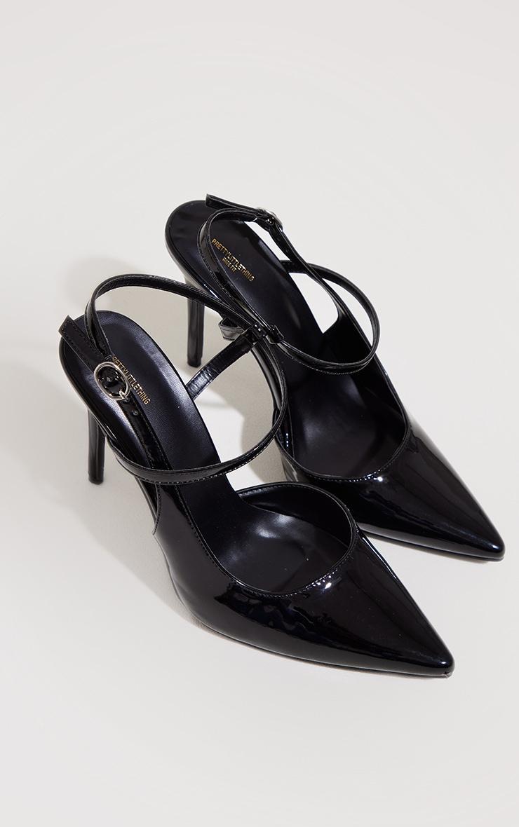 Black Wide Fit Patent Pu Point Toe Cross Strap High Heeled Courts Product Image