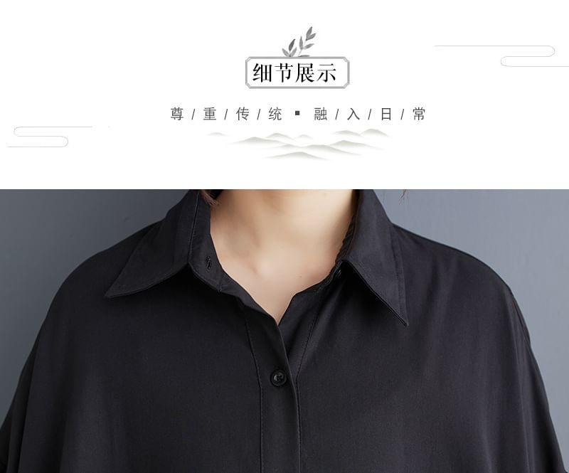 Long-Sleeve Asymmetrical Plain Maxi Shirt Dress Product Image