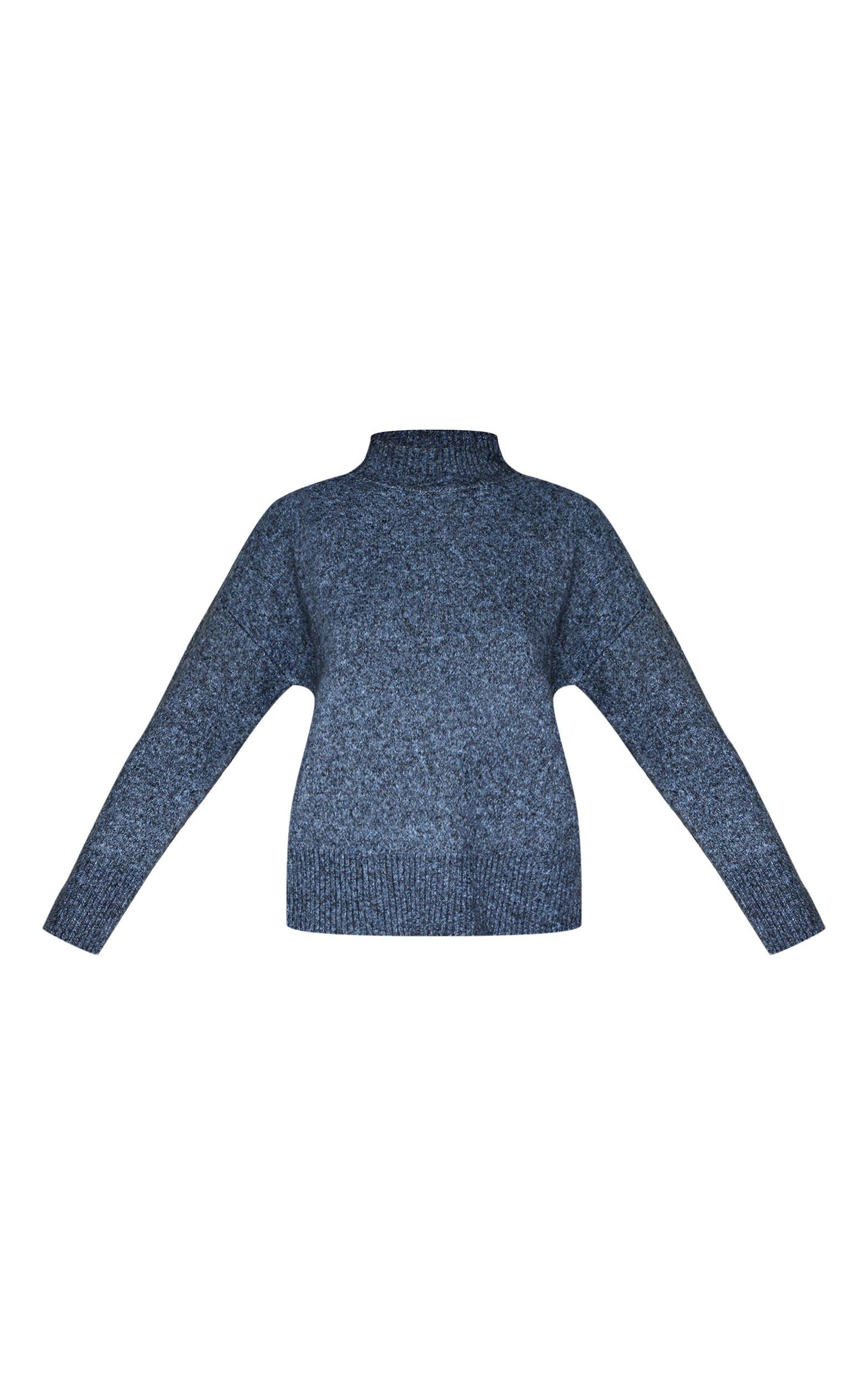  Charcoal Blue Luxe Knit High Neck Open Back Sweater Product Image