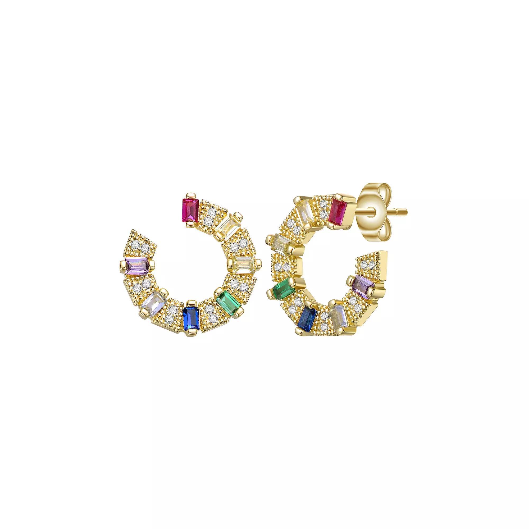 Gold Tone Rainbow & White Cubic Zirconia Front-Facing C-Hoop Earrings, Womens Product Image