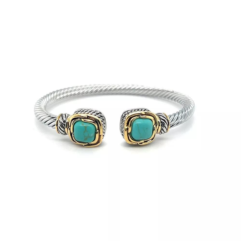 Juvell Two-Tone 18k Gold Plated Simulated Turquoise Textured Ends Bangle Bracelet, Women's, Two Tone Product Image