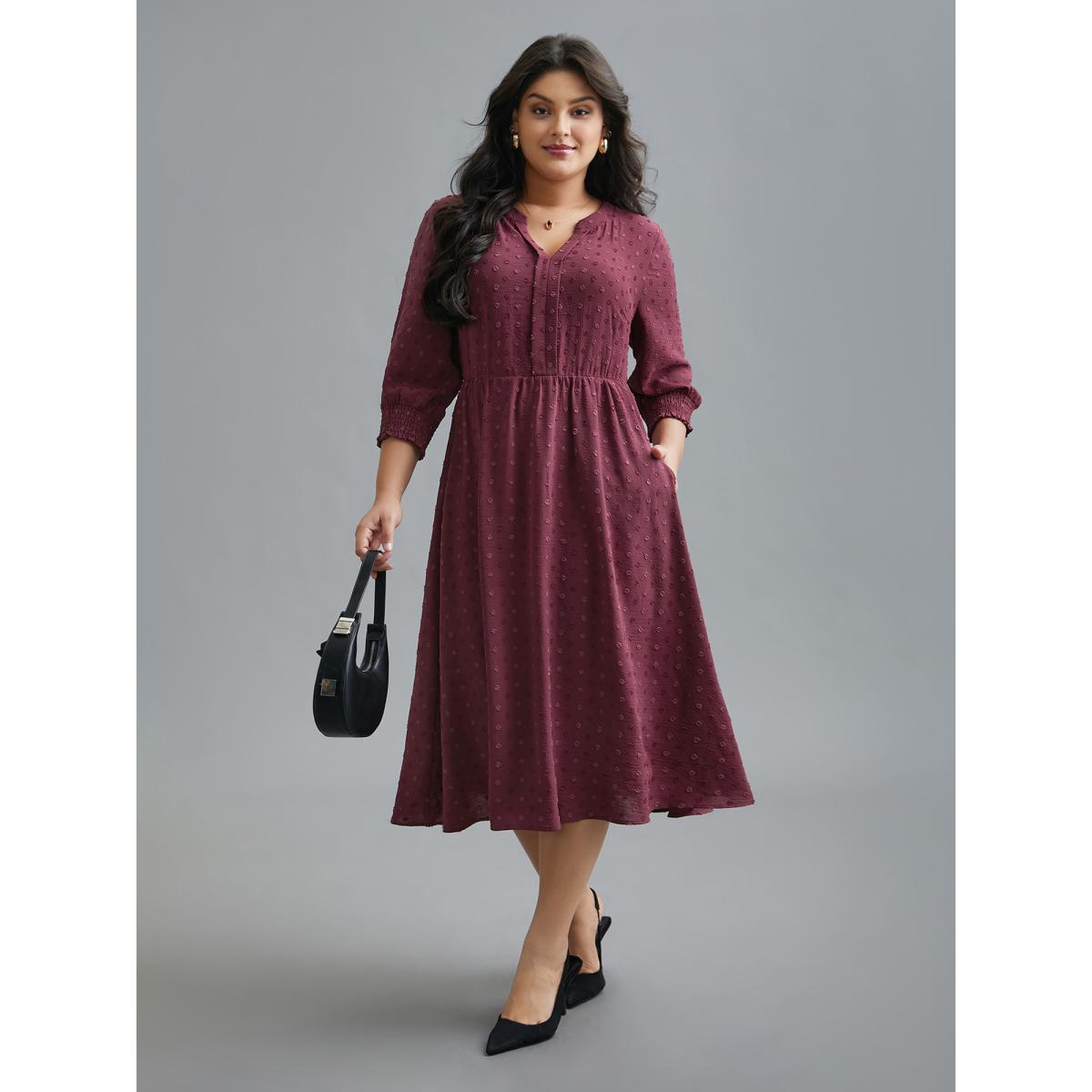 Plus Size Notched Collar Textured Smocked Cuffs Dress Plum Women At the Office Tucked seam Notched collar Elbow-length sleeve Curvy BloomChic 10/M Product Image