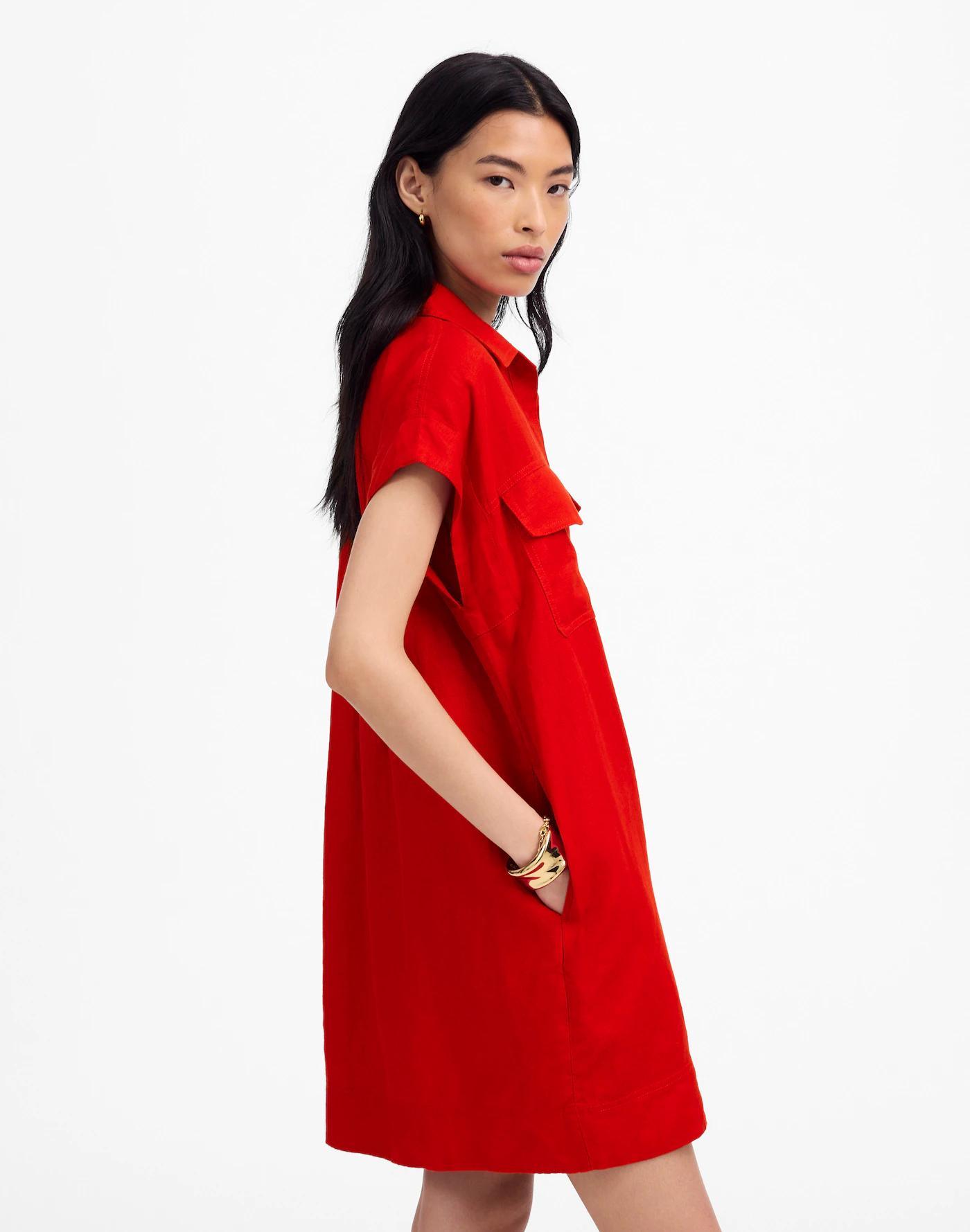 Utility Short-Sleeve Mini Shirtdress in 100% Linen Product Image