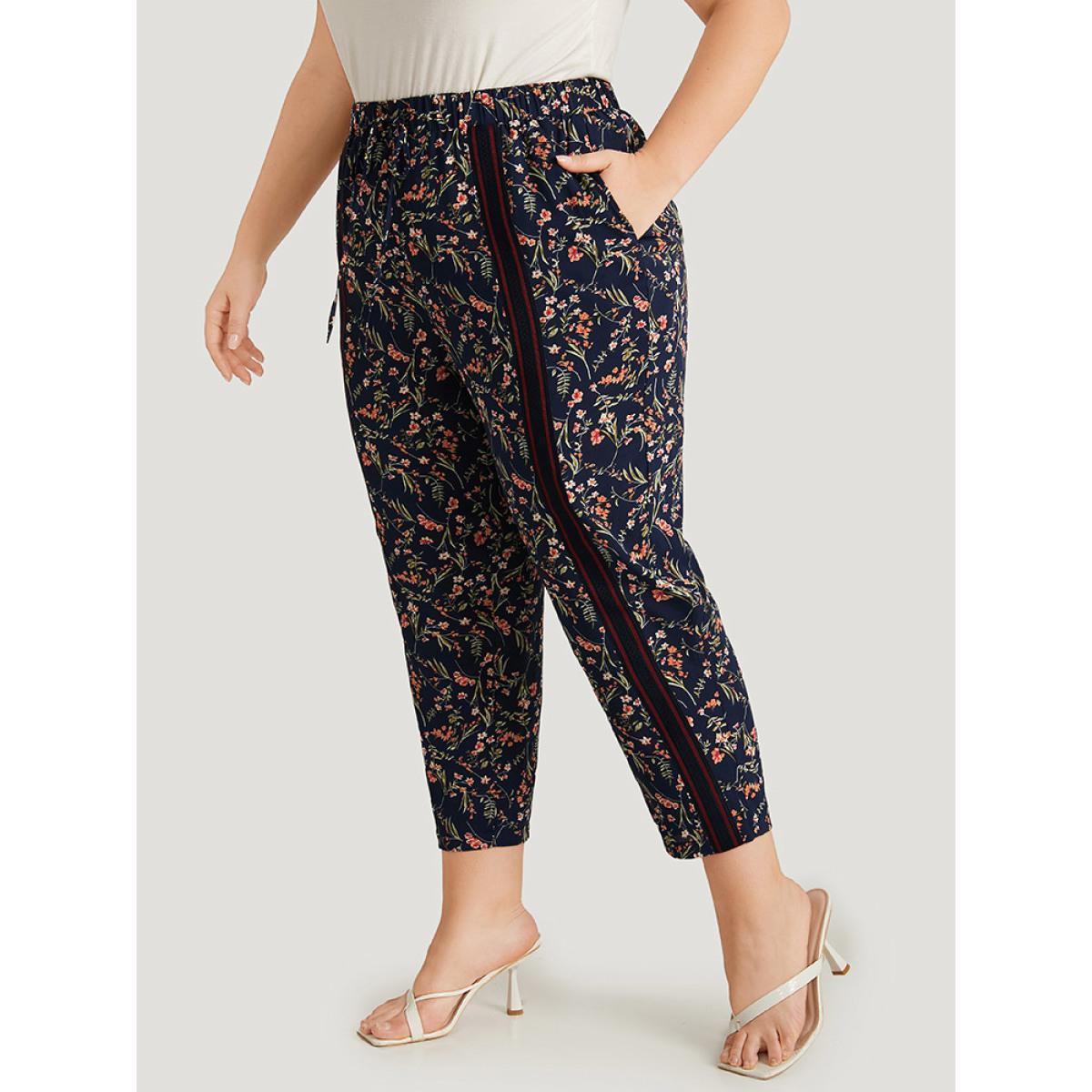 Plus Size Ditsy Floral Pocket Elastic Waist Ties Patchwork Pants Women Indigo Elegant High Rise Dailywear Pants BloomChic 22-24/3X Product Image