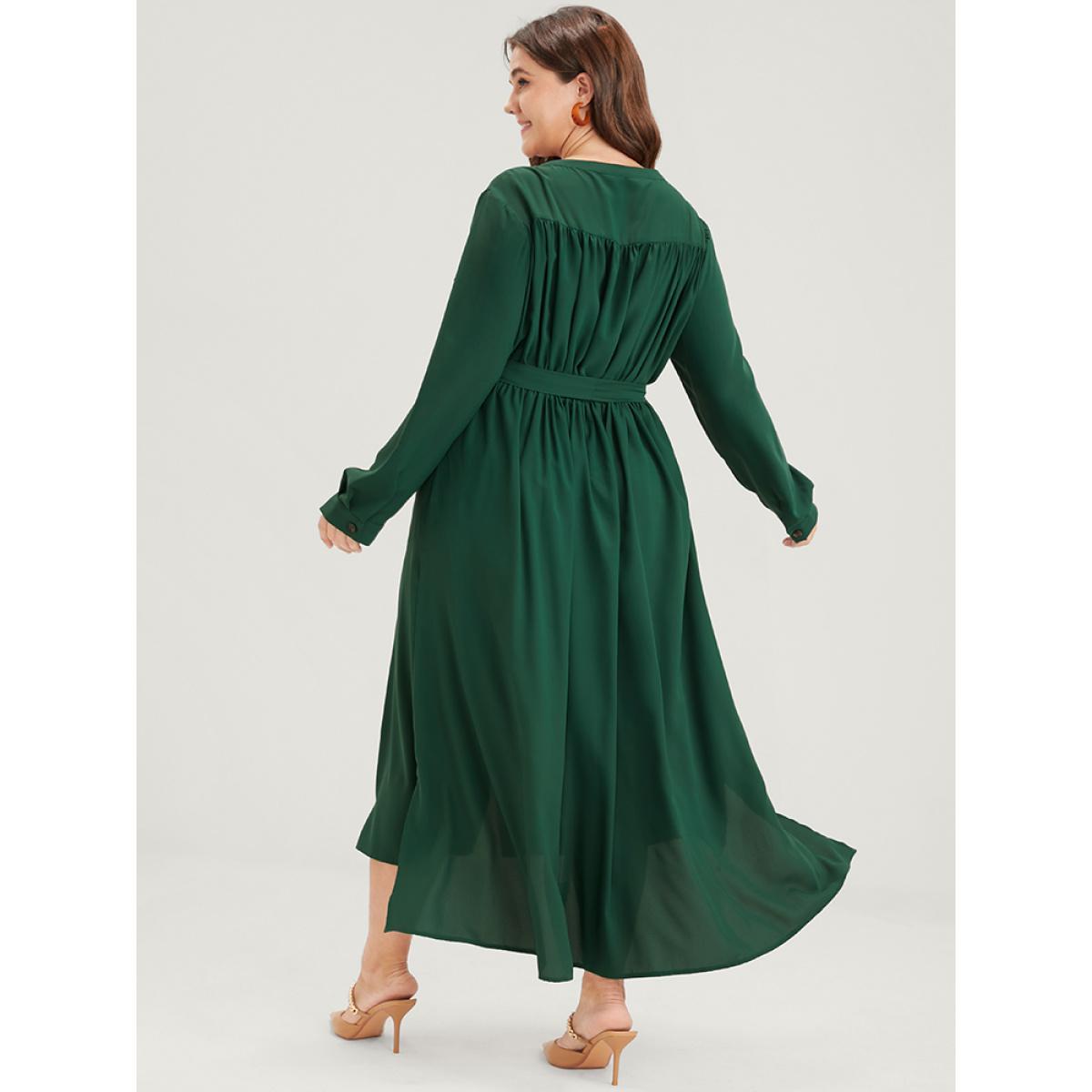 Plus Size Solid V Neck Pocket Button Asymmetrical Flutter Hem Belted Dress DarkGreen Women Office Plain V-neck Long Sleeve Curvy Long Dress BloomChic 28/5X Product Image
