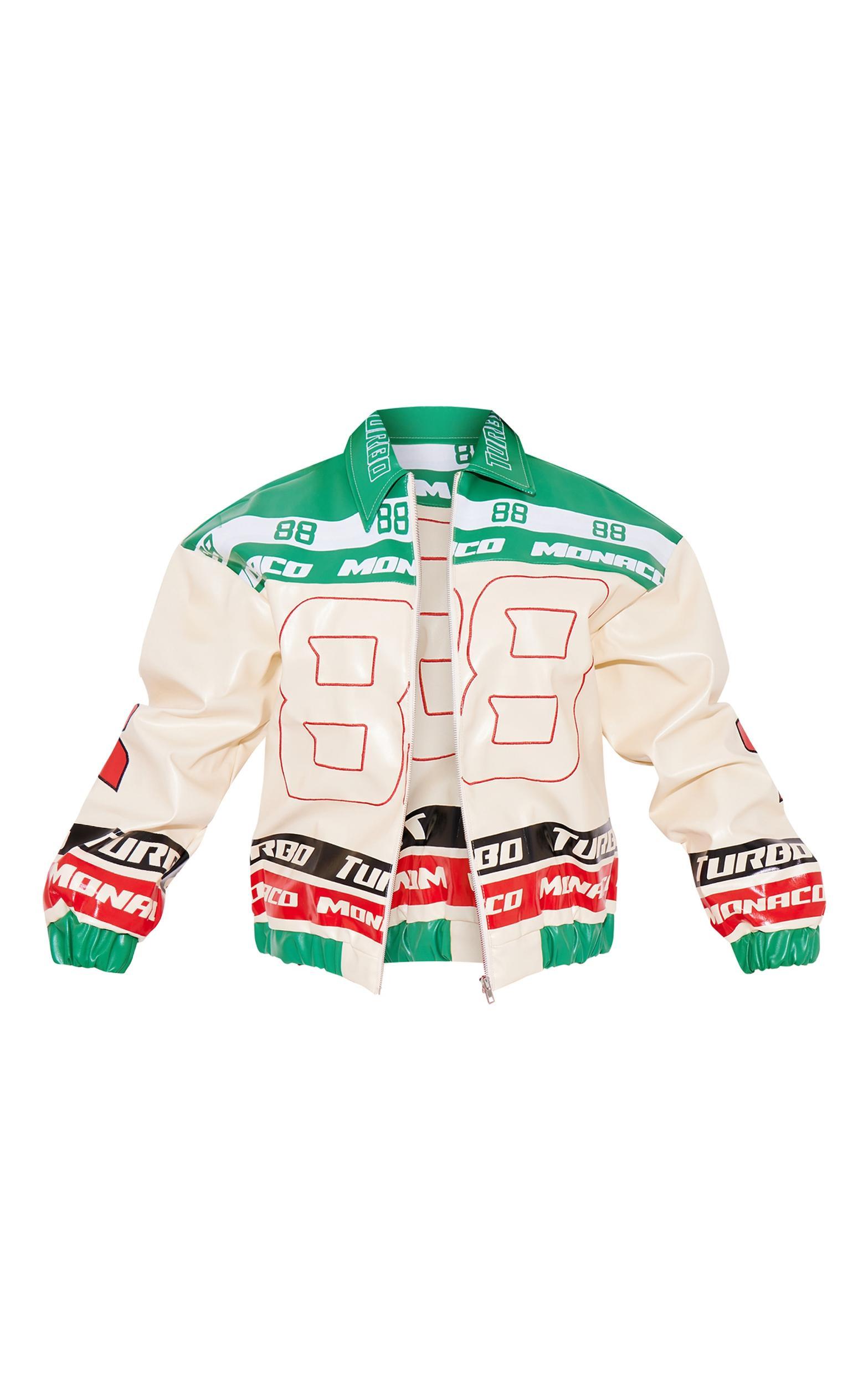 Cream Faux Leather Racer Graphics Oversized Bomber Jacket Product Image