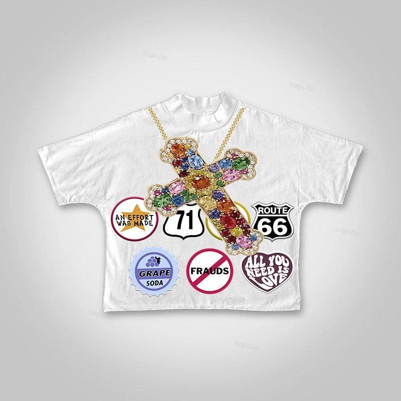 Sopula Vintage Faith Cross Graphic Casual Cropped T-Shirt Product Image