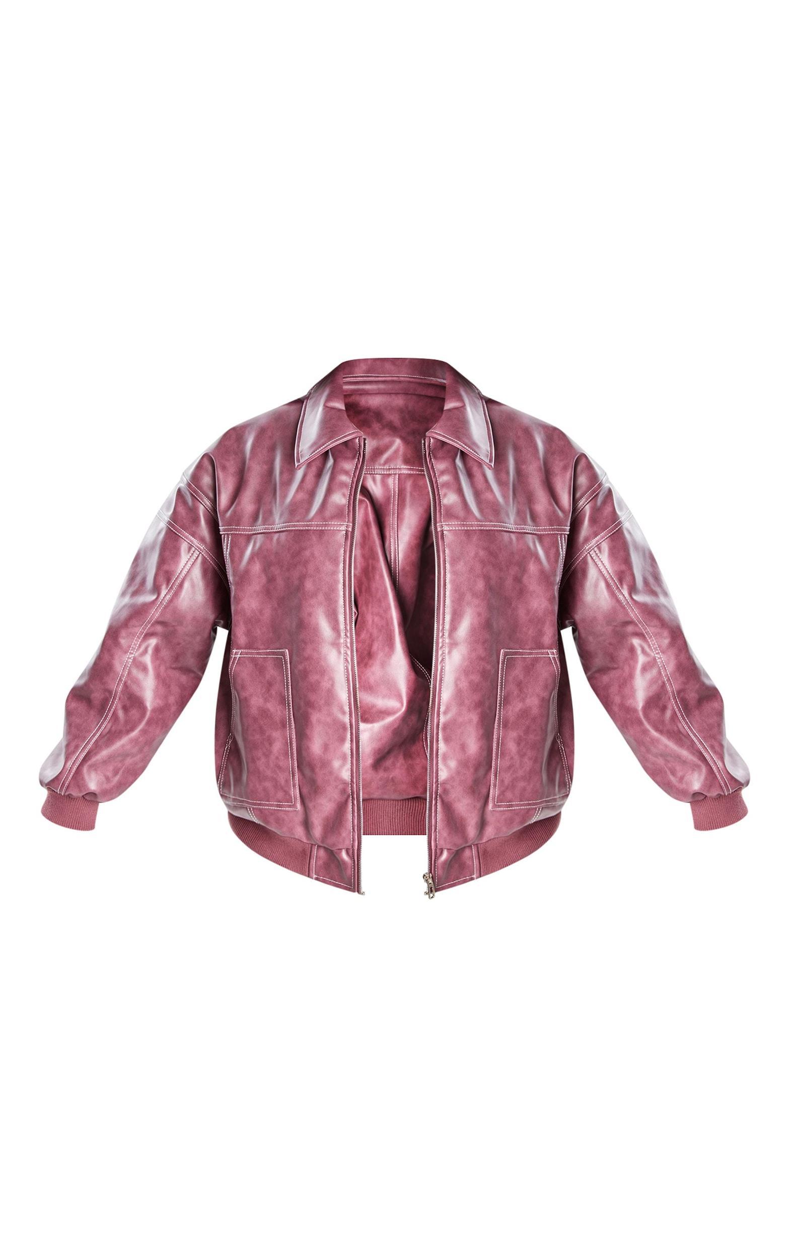 Plus Cherry Red Stitch Detail Washed Faux Leather Bomber Jacket Product Image