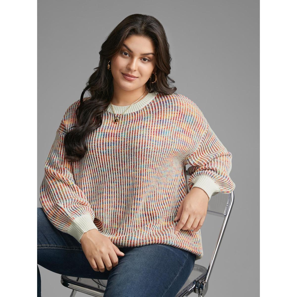 Plus Size Round Neck Texture Contrast Heather Pullover Beige Women Casual Loose Long Sleeve Round Neck Everyday Pullovers BloomChic 12/L Product Image