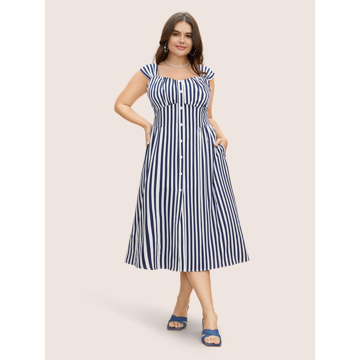Plus Size Striped Button Detail Split Front Midi Dress Indigo Women Elegant Gathered Heart neckline Sleeveless Curvy BloomChic 22-24/3X Product Image
