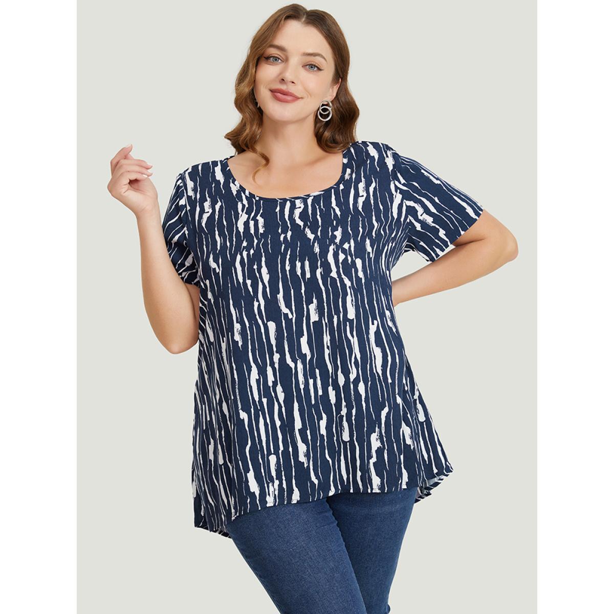 Plus Size Indigo Water Ripple High Low Hem Blouse Women Elegant Short sleeve Round Neck Dailywear Blouses BloomChic 30/6X Product Image