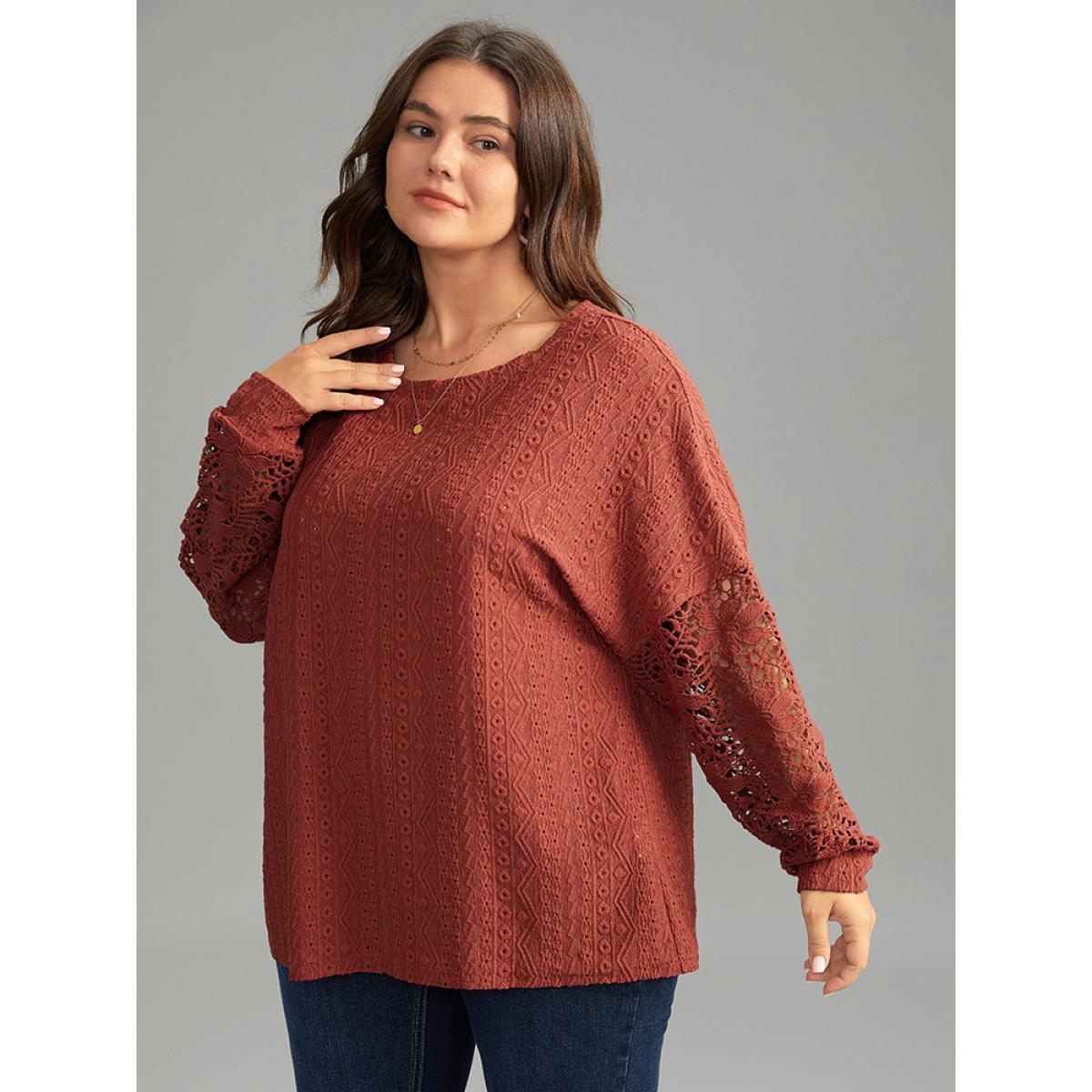 Plus Size Solid Plisse Guipure Lace T-shirt Rust Women Elegant Elastic cuffs Plain Round Neck Dailywear T-shirts BloomChic 12/L Product Image