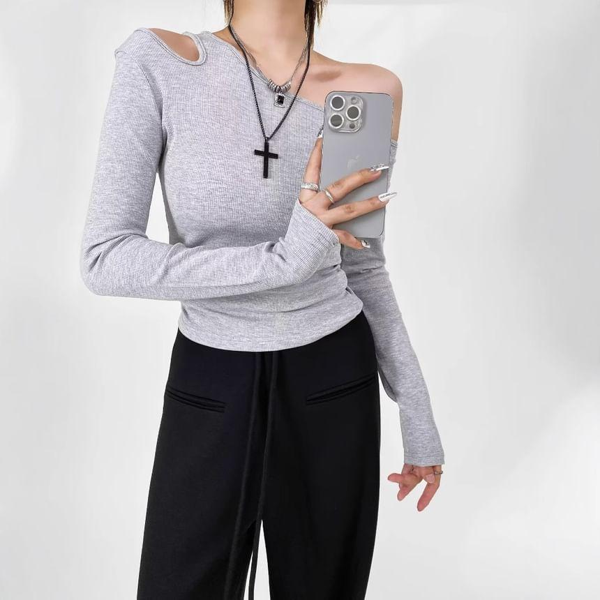 Long Sleeve Cold-Shoulder Plain Cut-Out Slim-Fit Top Product Image