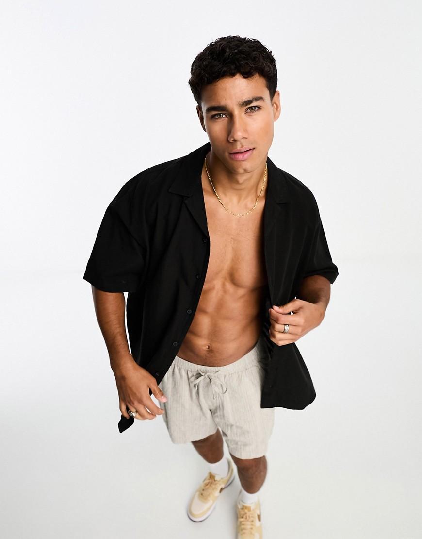 Selected Homme short sleeve camp collar linen shirt in black Product Image