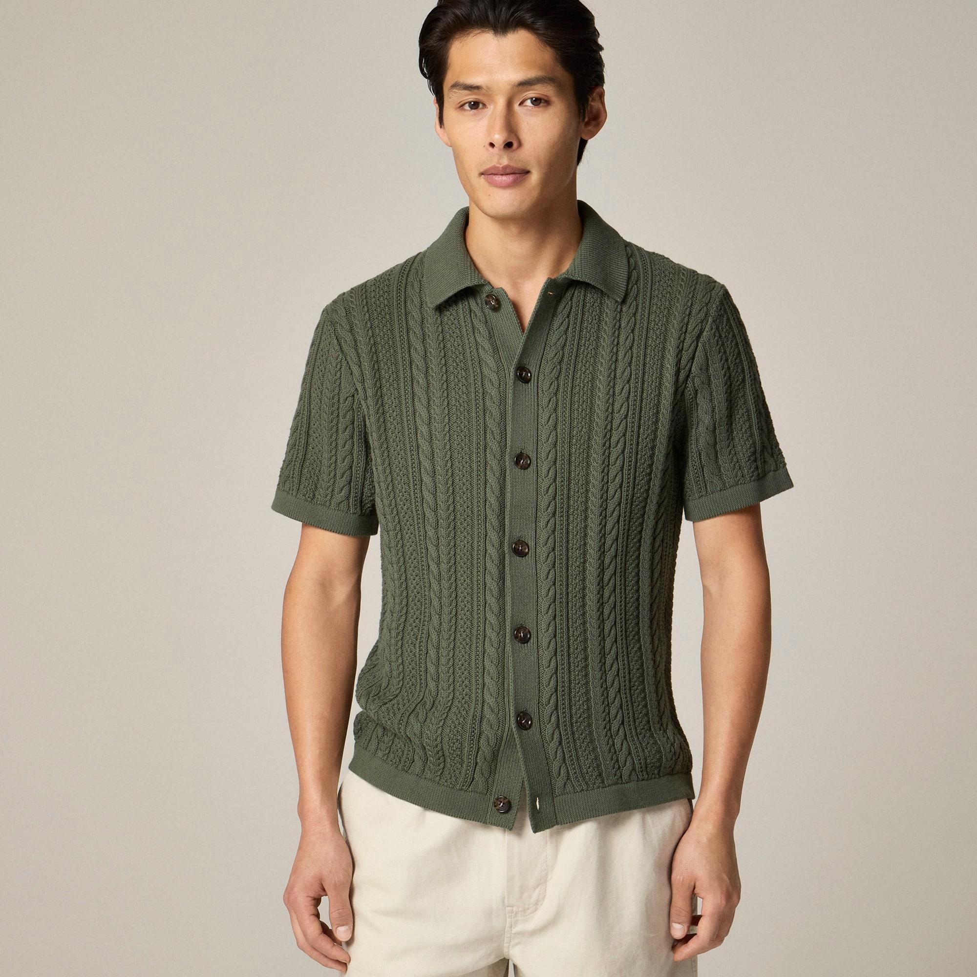 Short-sleeve cotton cable-knit cardigan sweater-polo Product Image