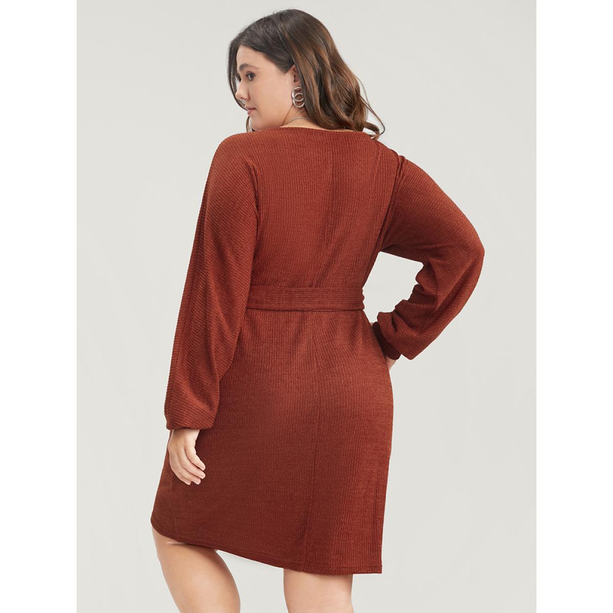 Plus Size Solid Surplice Neck Belted Knit Dress Russet Women Glamour Cross straps V-neck Long Sleeve Curvy Knee Dress BloomChic 14-16/1X Product Image