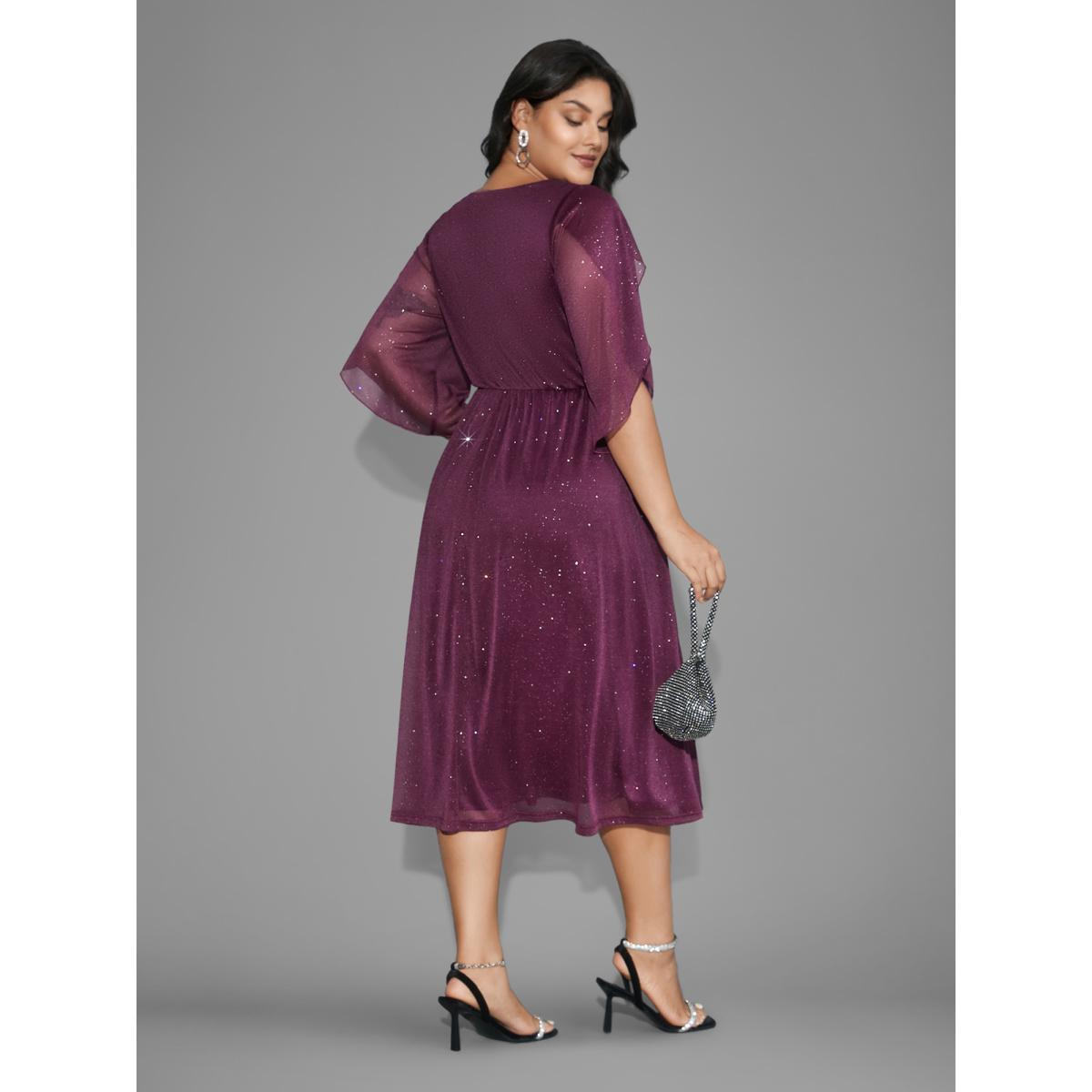 Plus Size Glitter Mesh Petal Sleeve Midi Dress Deeppurplered Women Cocktail Texture Party Curvy Bloomchic 26/4X Product Image