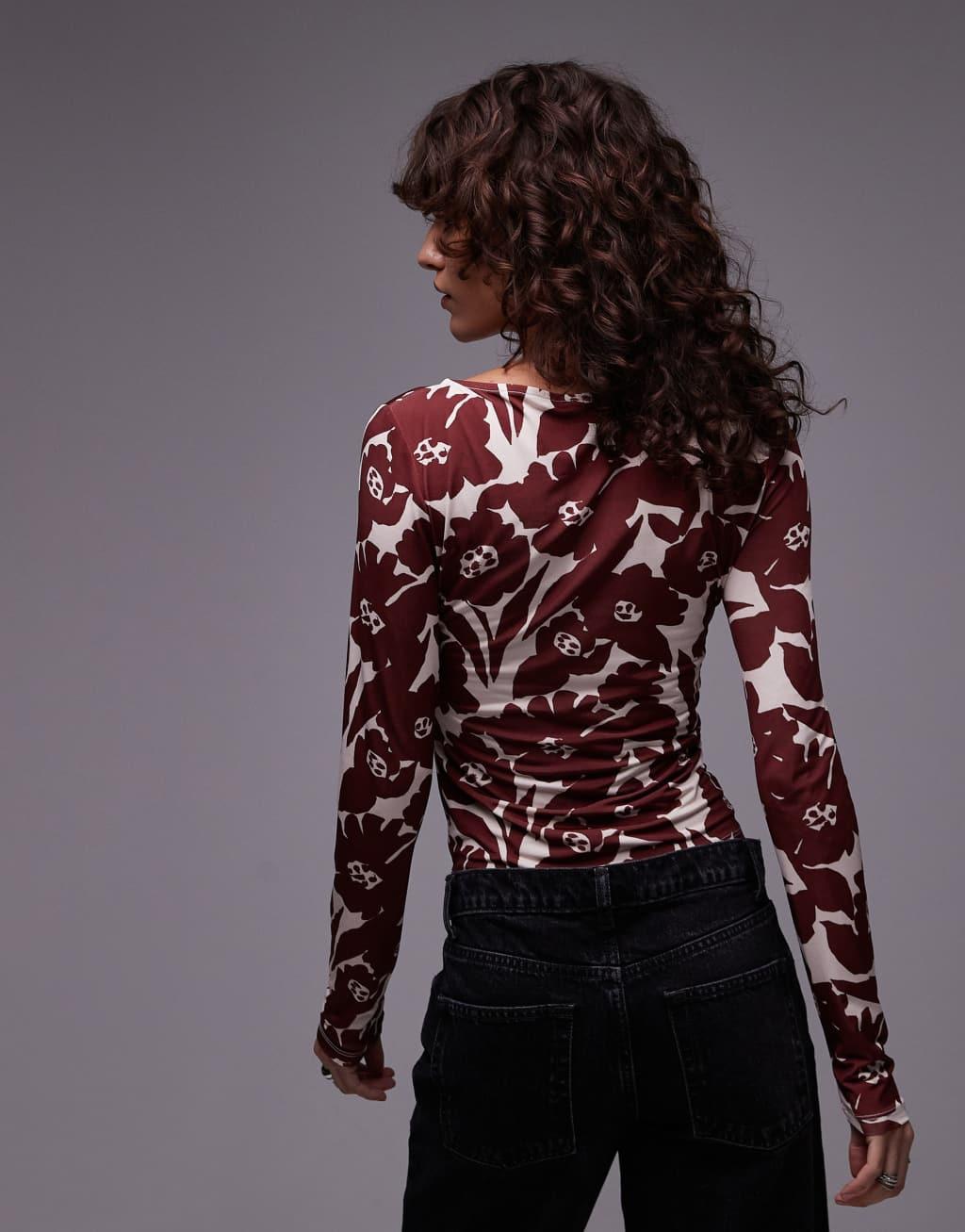 Topshop microfiber all over floral long sleeve top in red Product Image